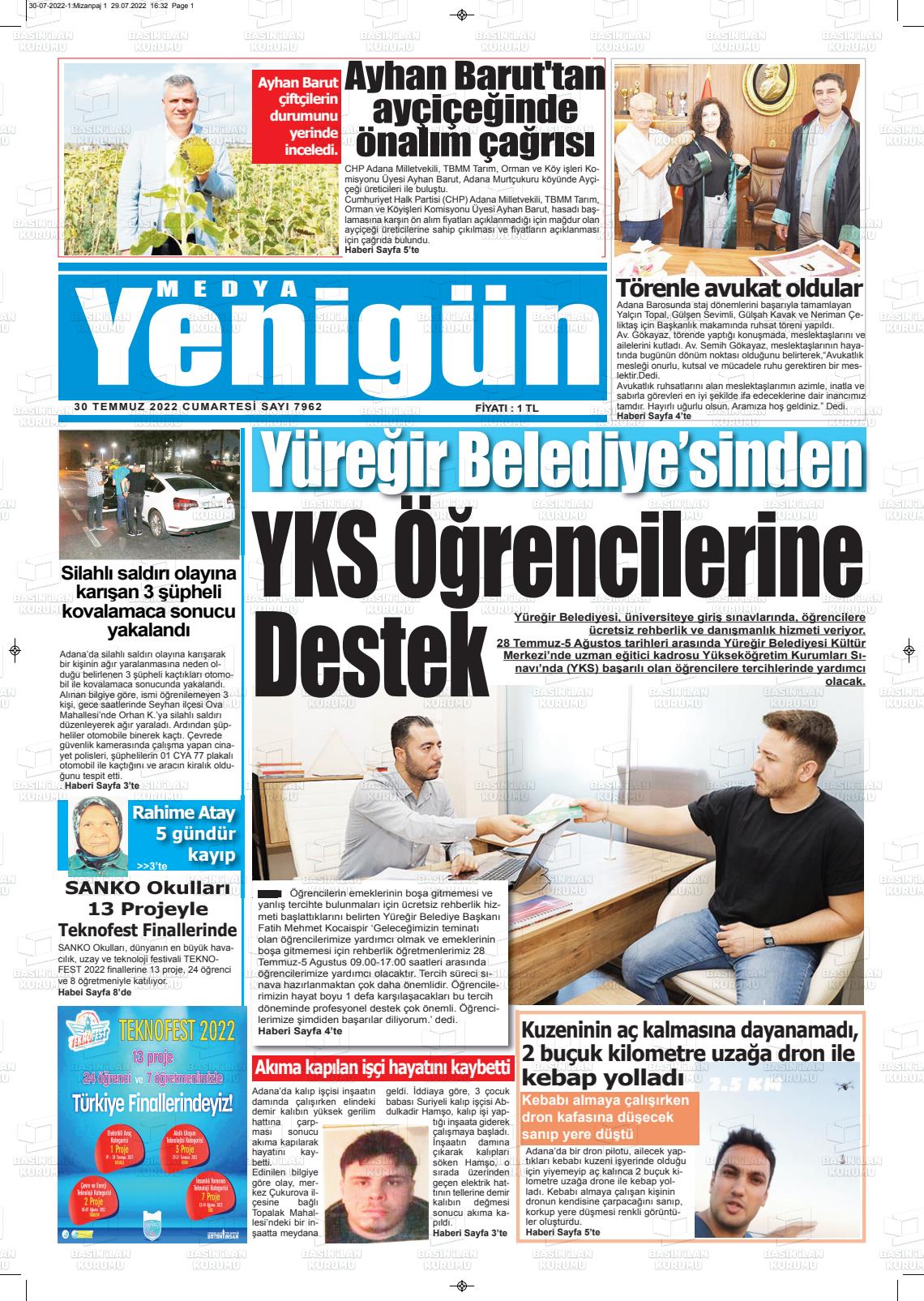 30 Temmuz 2022 Medya Yenigün Gazete Manşeti