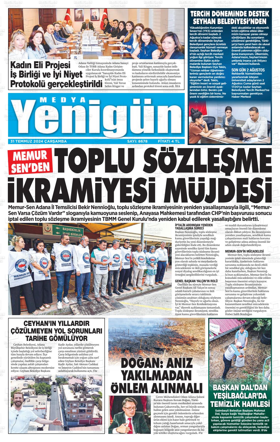 31 Temmuz 2024 Medya Yenigün Gazete Manşeti