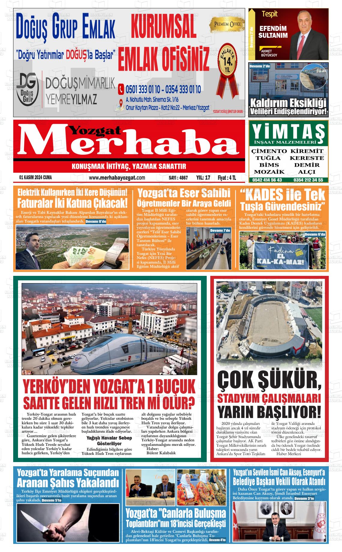 01 Kasım 2024 Merhaba Yozgat Gazete Manşeti