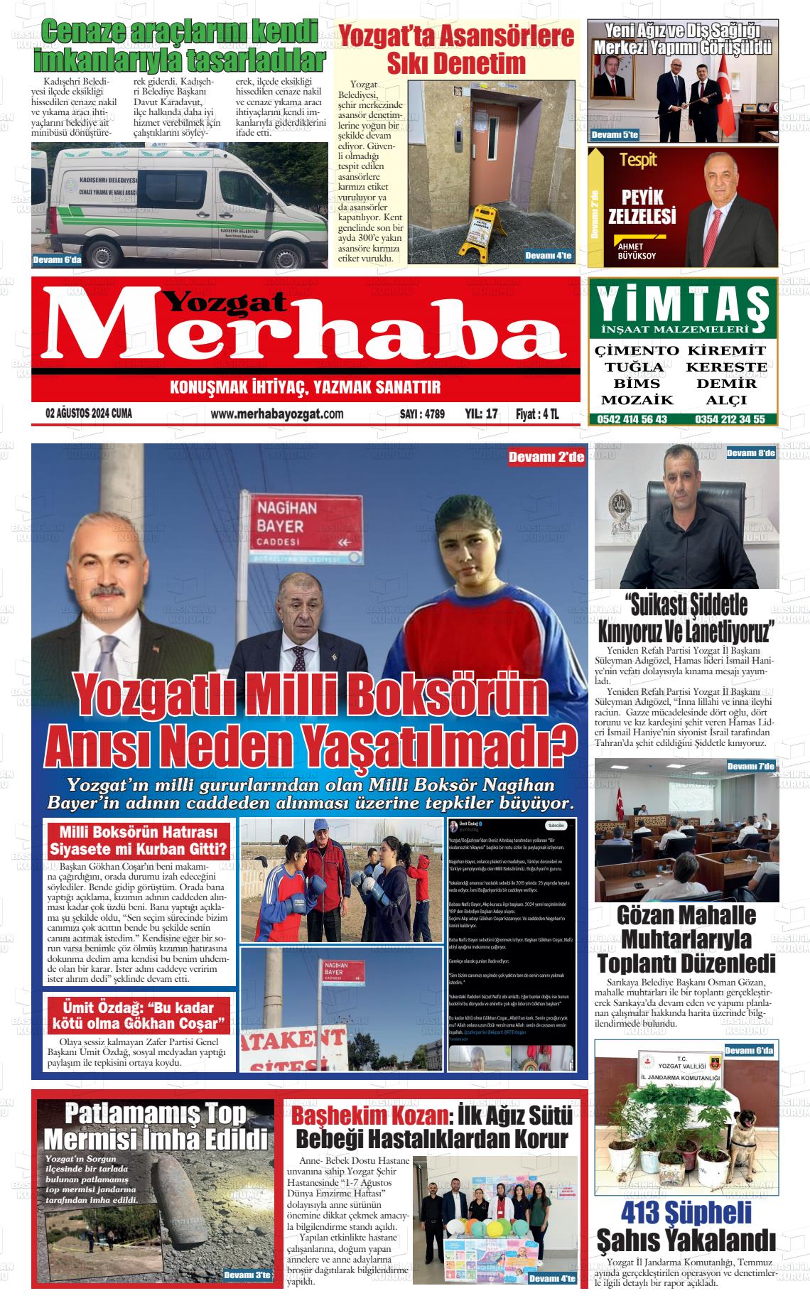 02 Ağustos 2024 Merhaba Yozgat Gazete Manşeti