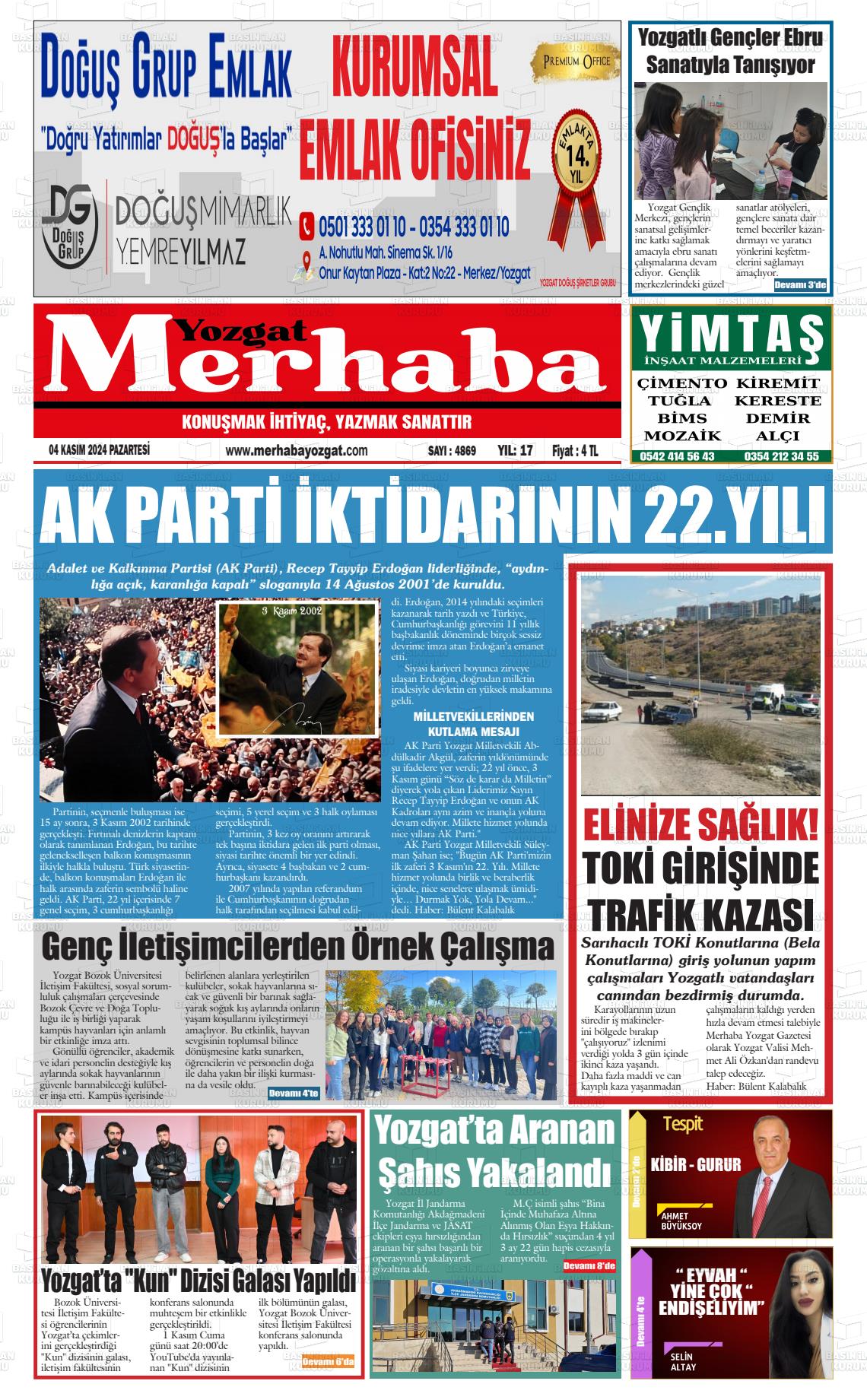 04 Kasım 2024 Merhaba Yozgat Gazete Manşeti