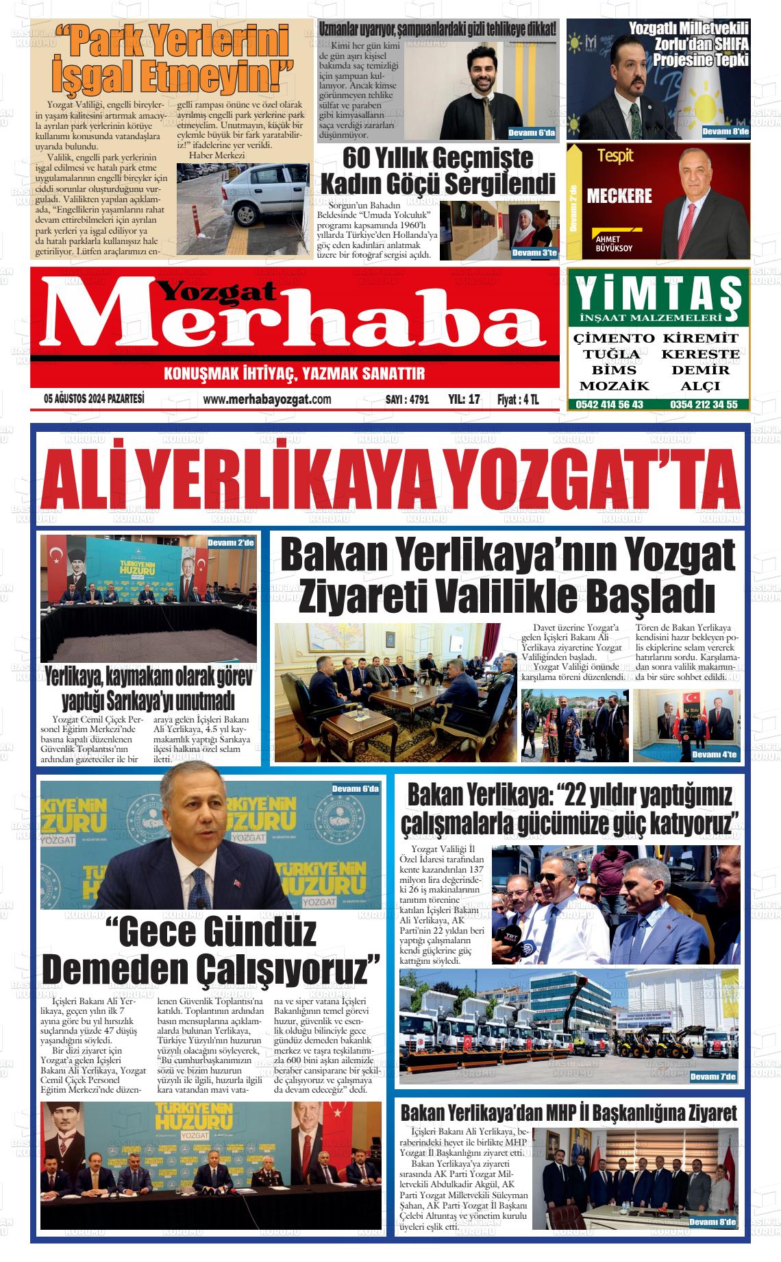 05 Ağustos 2024 Merhaba Yozgat Gazete Manşeti