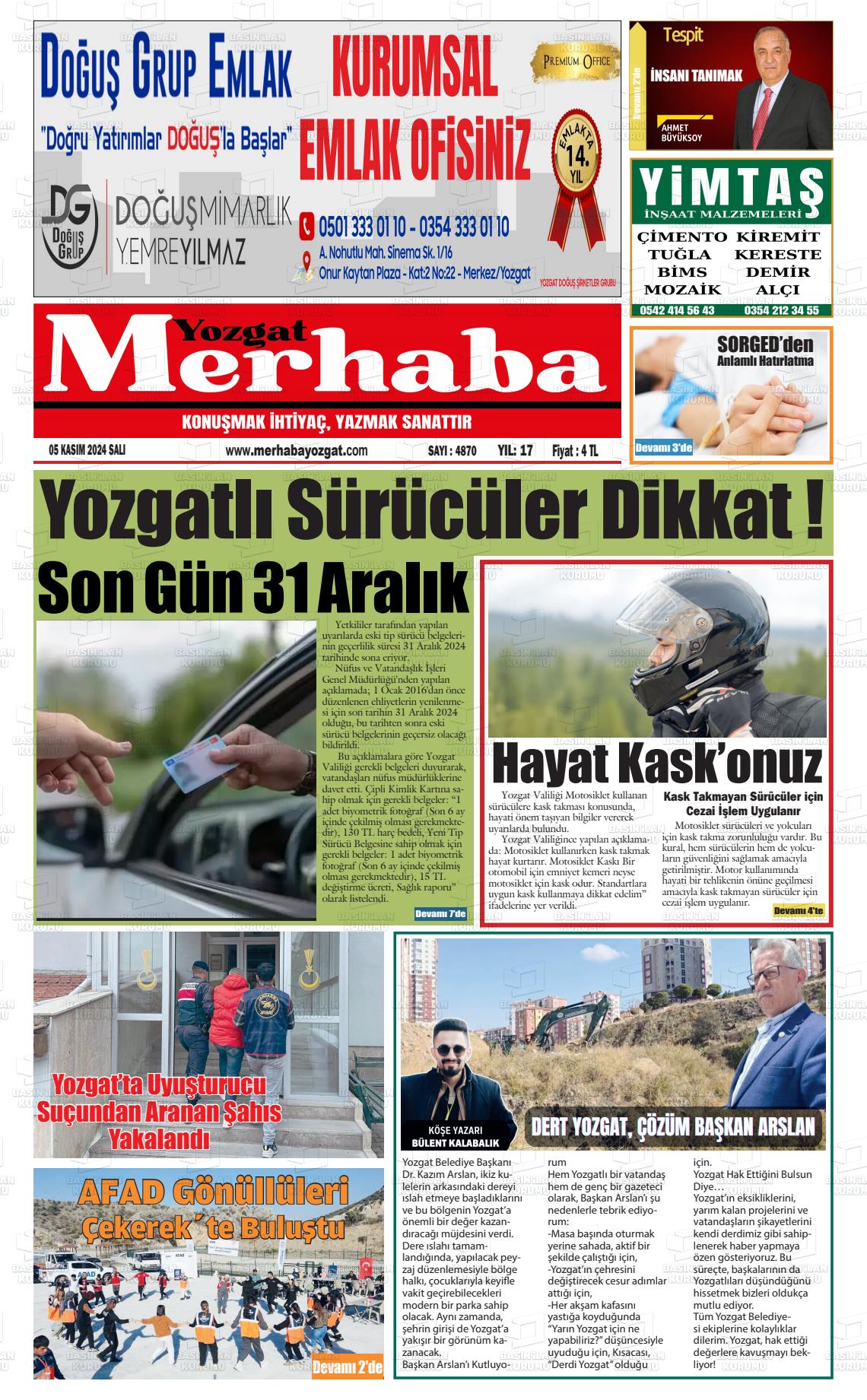 05 Kasım 2024 Merhaba Yozgat Gazete Manşeti