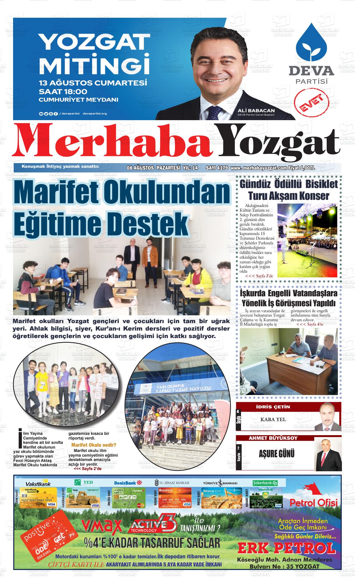 08 Ağustos 2022 Merhaba Yozgat Gazete Manşeti