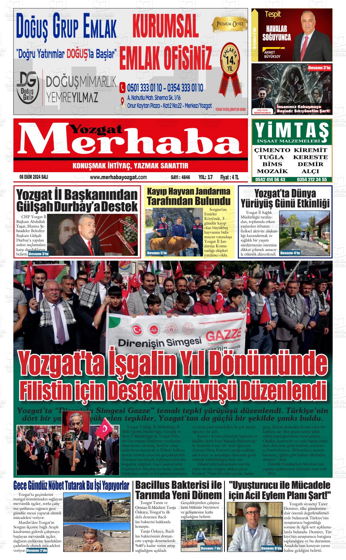 08 Ekim 2024 Merhaba Yozgat Gazete Manşeti