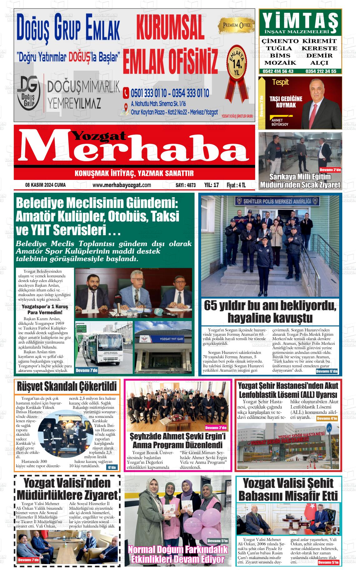 08 Kasım 2024 Merhaba Yozgat Gazete Manşeti