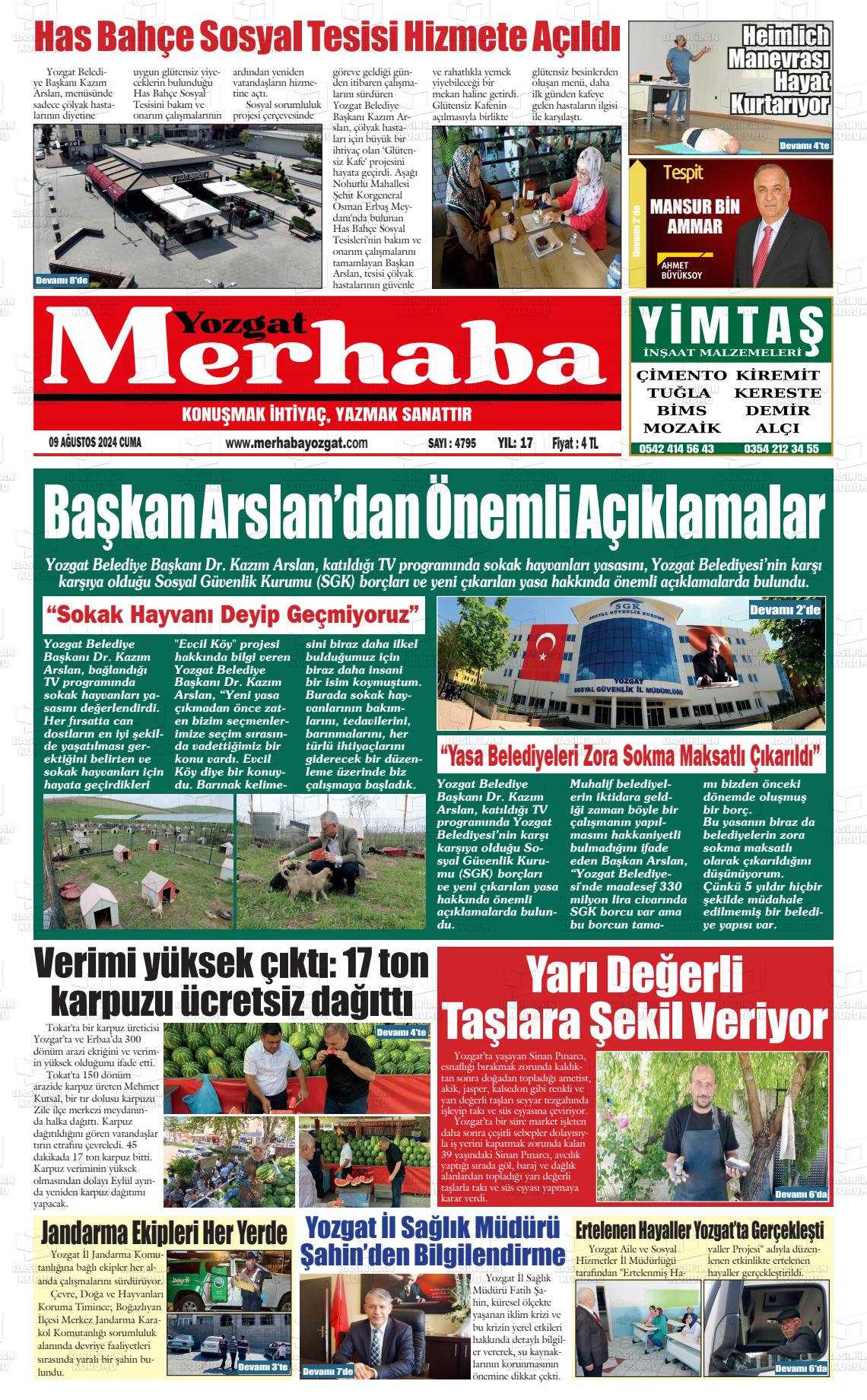 09 Ağustos 2024 Merhaba Yozgat Gazete Manşeti