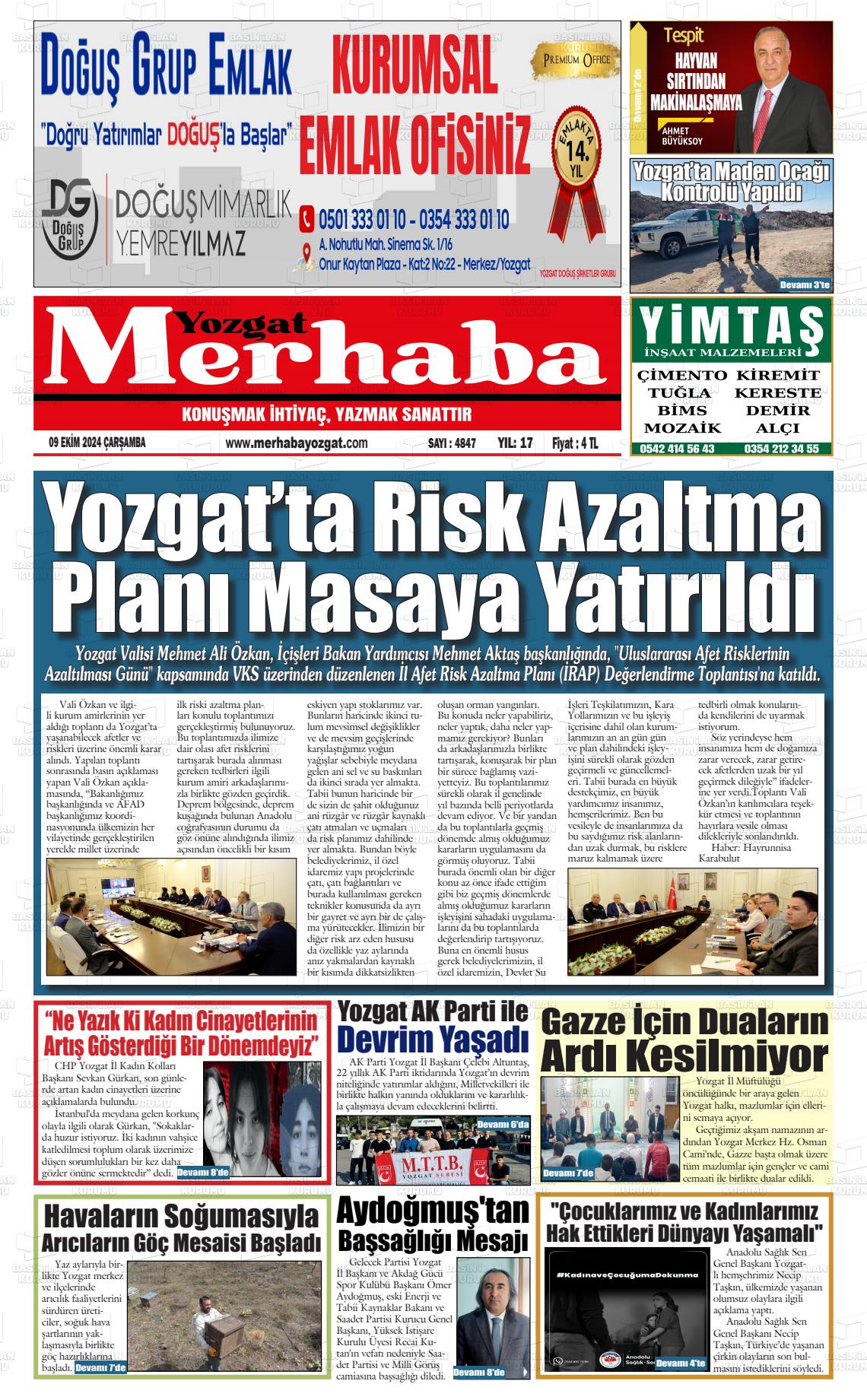 09 Ekim 2024 Merhaba Yozgat Gazete Manşeti