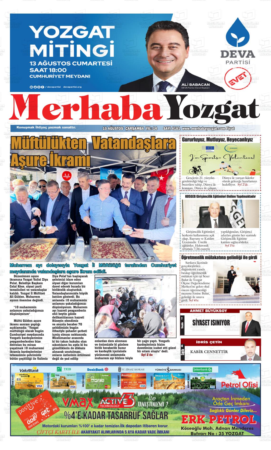 10 Ağustos 2022 Merhaba Yozgat Gazete Manşeti