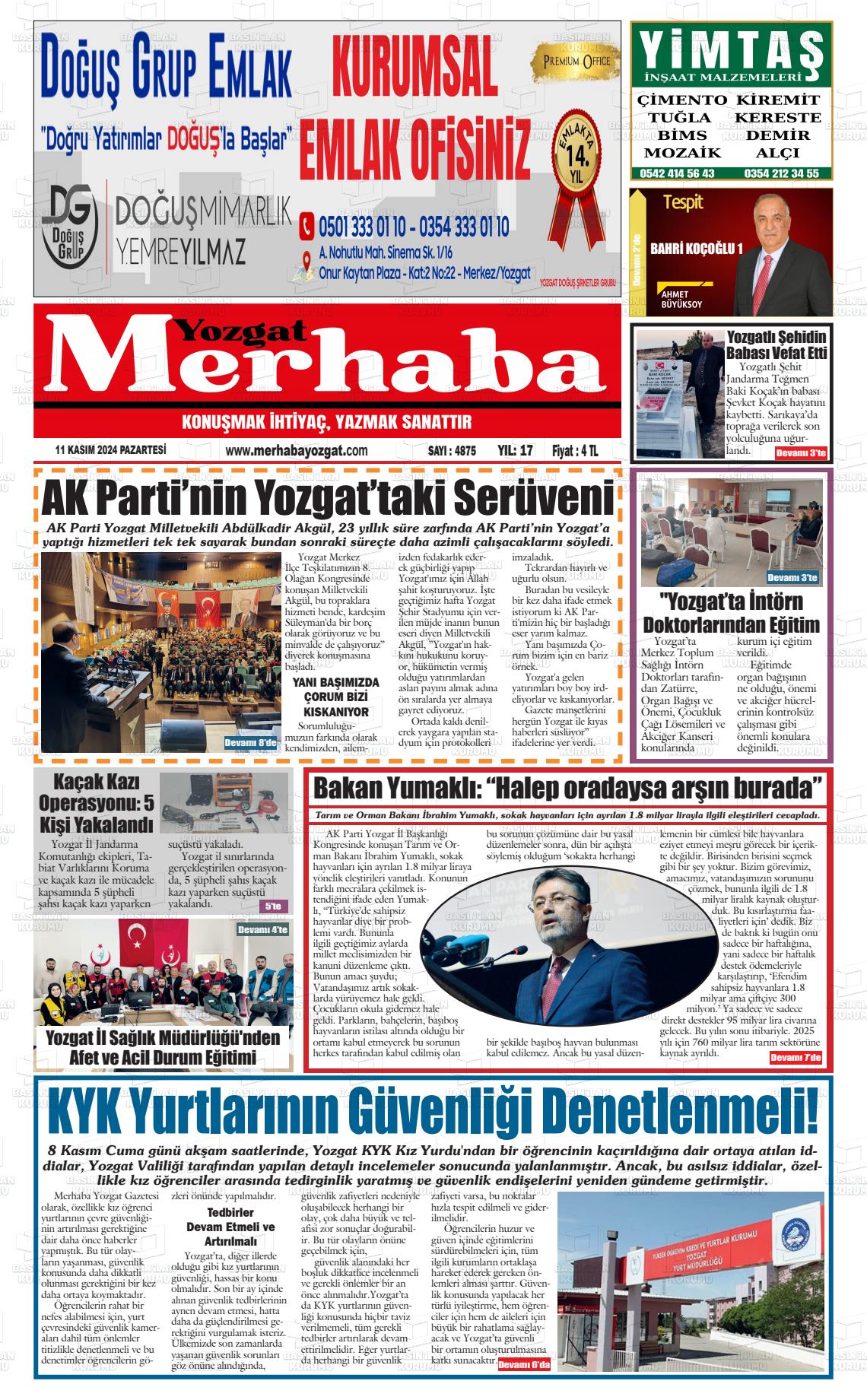 11 Kasım 2024 Merhaba Yozgat Gazete Manşeti