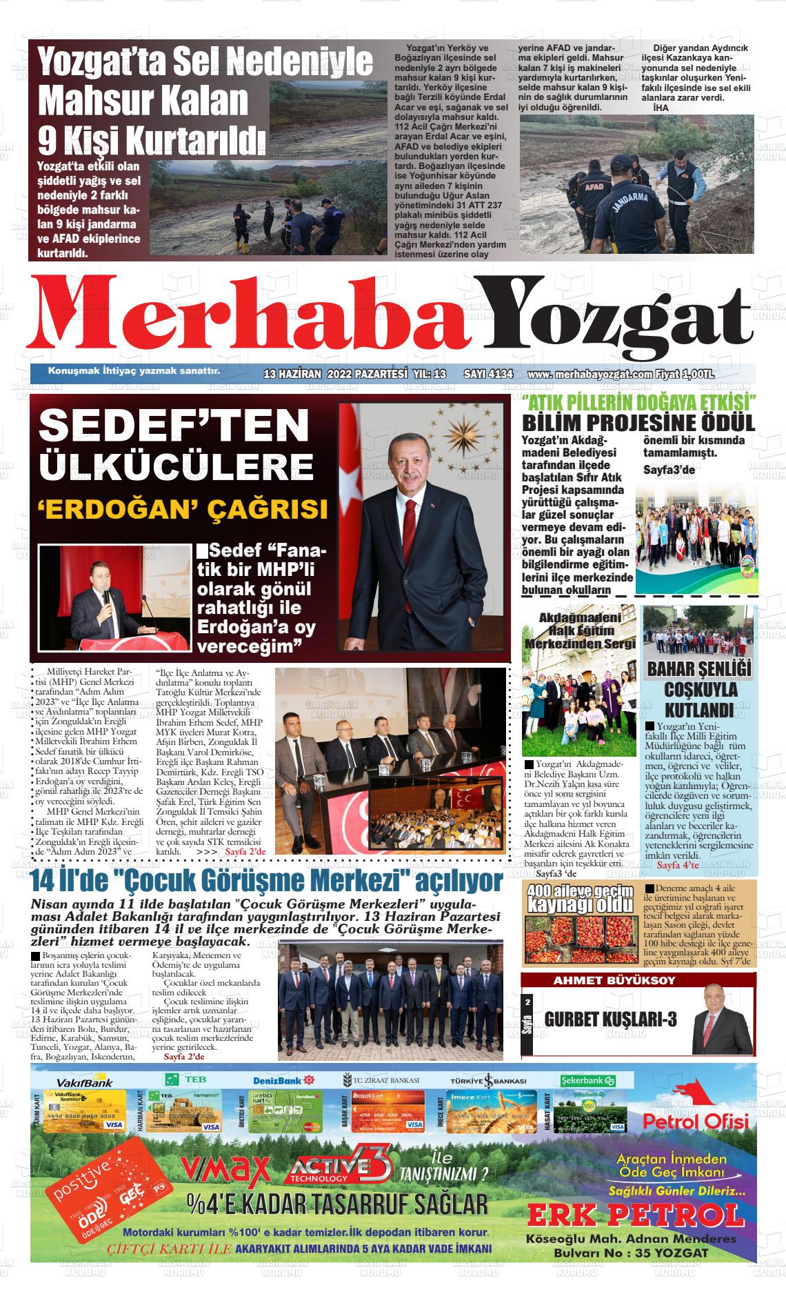 13 Haziran 2022 Merhaba Yozgat Gazete Manşeti