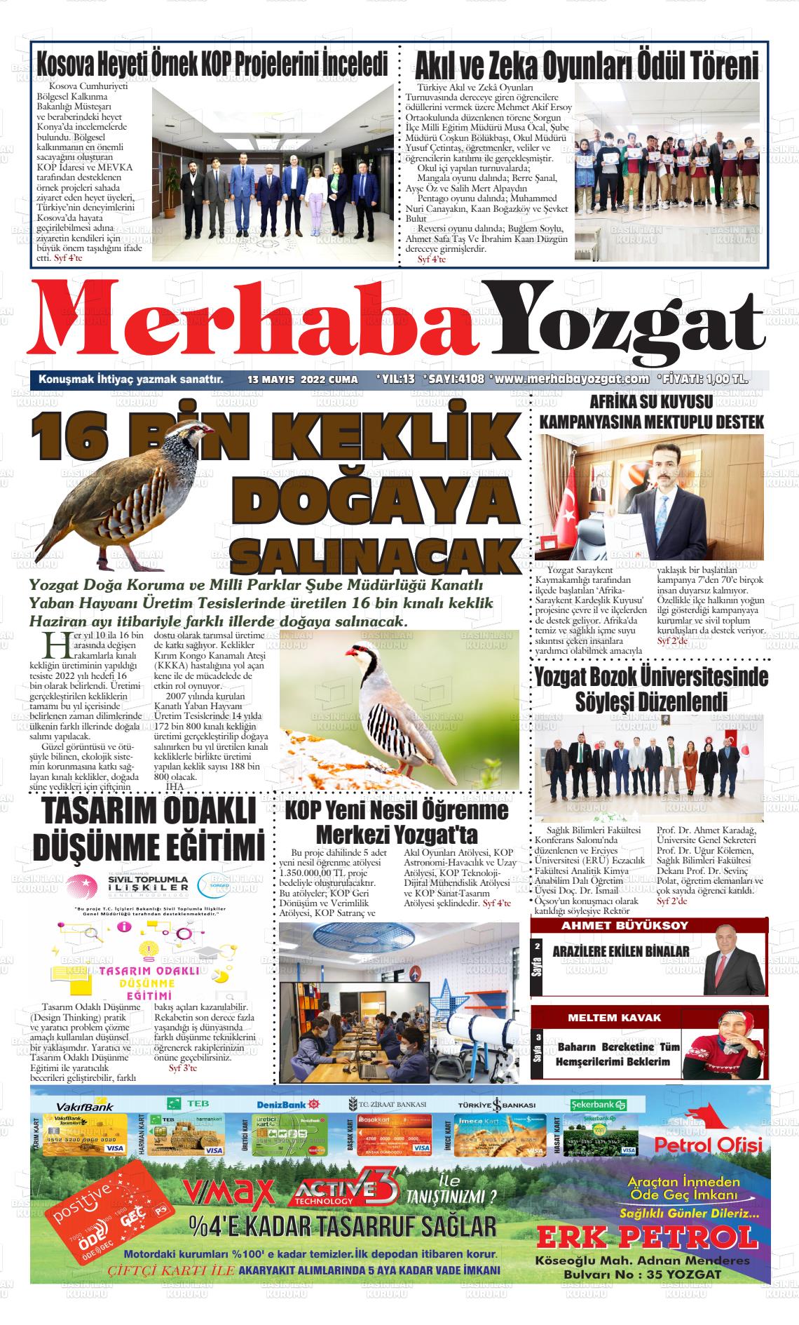 13 Mayıs 2022 Merhaba Yozgat Gazete Manşeti