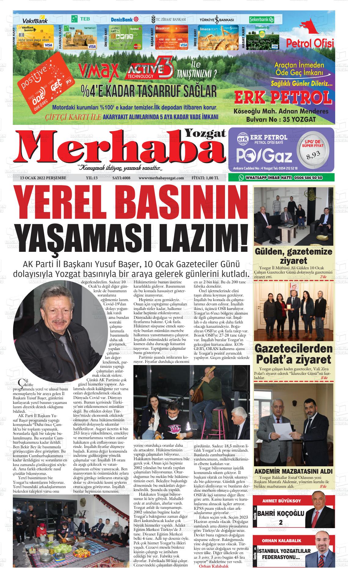 13 Ocak 2022 Merhaba Yozgat Gazete Manşeti