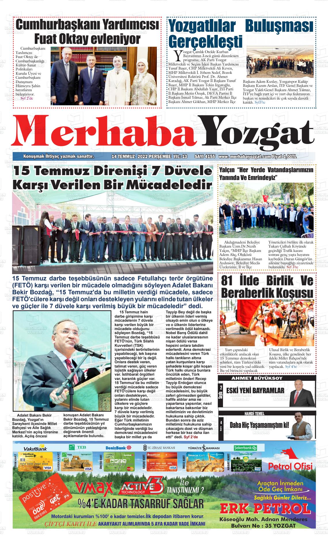 14 Temmuz 2022 Merhaba Yozgat Gazete Manşeti