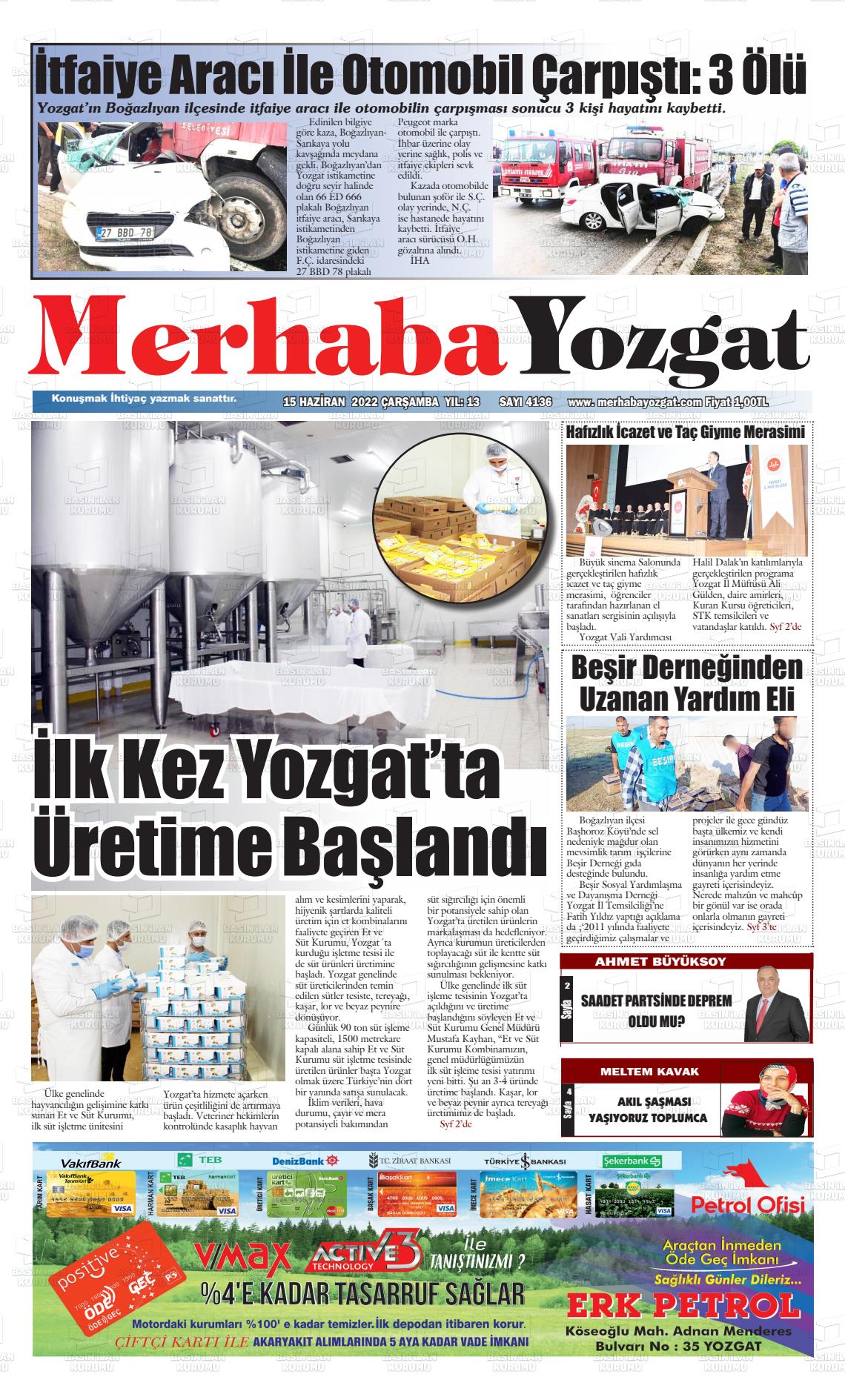 15 Haziran 2022 Merhaba Yozgat Gazete Manşeti