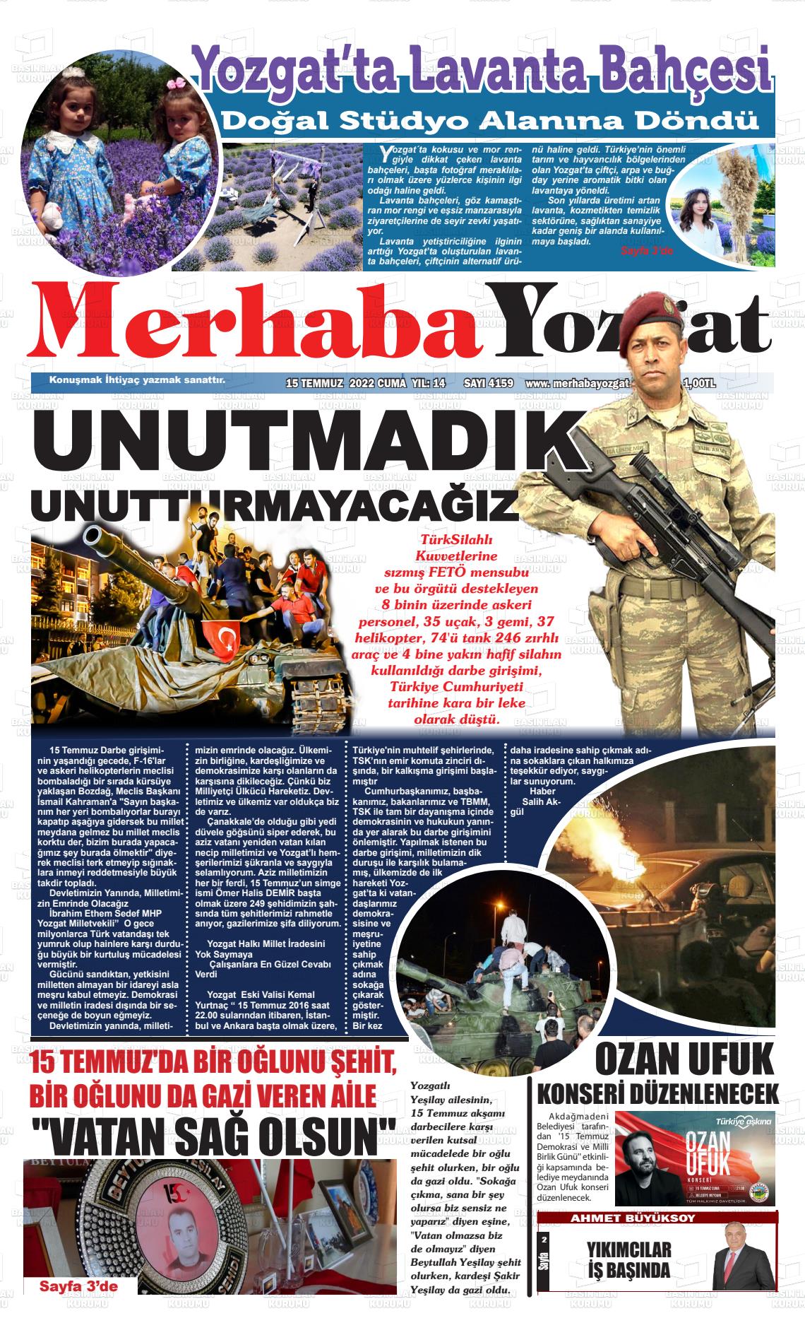 15 Temmuz 2022 Merhaba Yozgat Gazete Manşeti