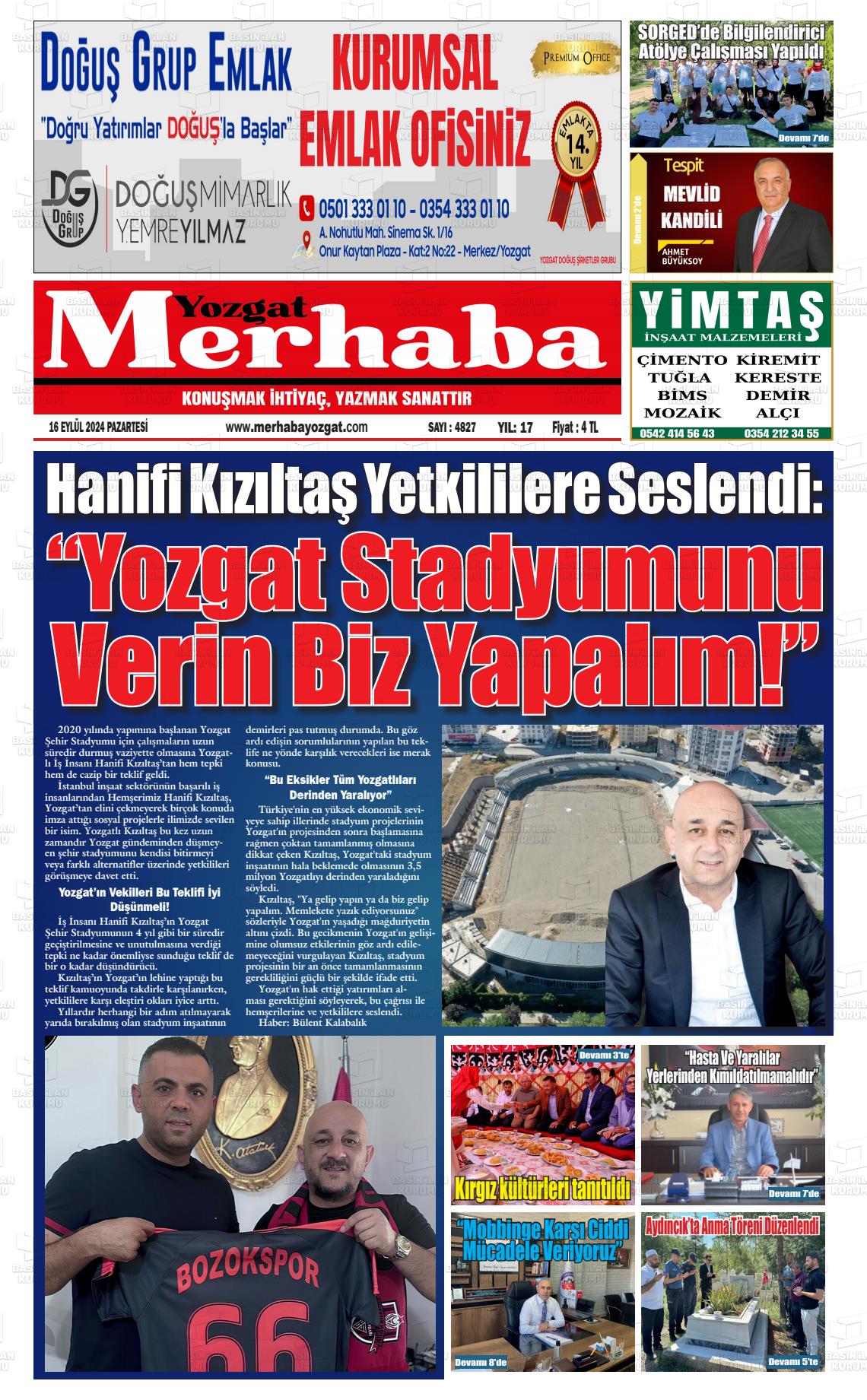 16 Eylül 2024 Merhaba Yozgat Gazete Manşeti