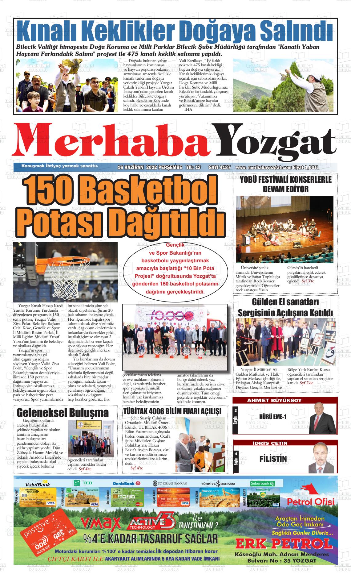 16 Haziran 2022 Merhaba Yozgat Gazete Manşeti