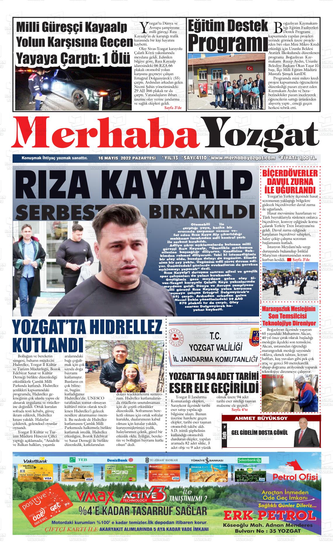 16 Mayıs 2022 Merhaba Yozgat Gazete Manşeti