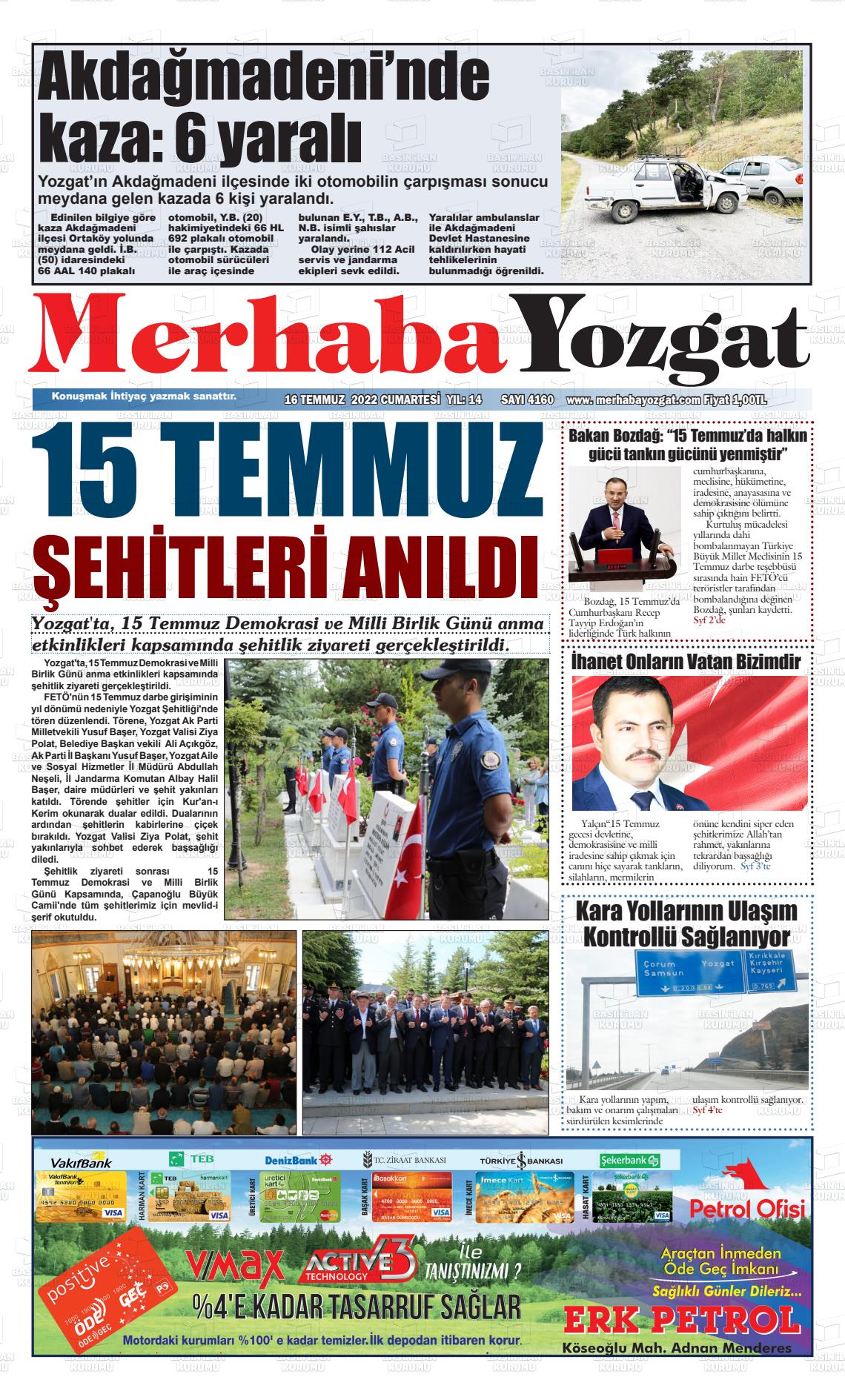 16 Temmuz 2022 Merhaba Yozgat Gazete Manşeti