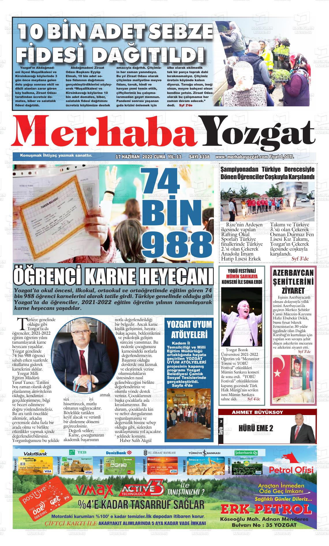 17 Haziran 2022 Merhaba Yozgat Gazete Manşeti