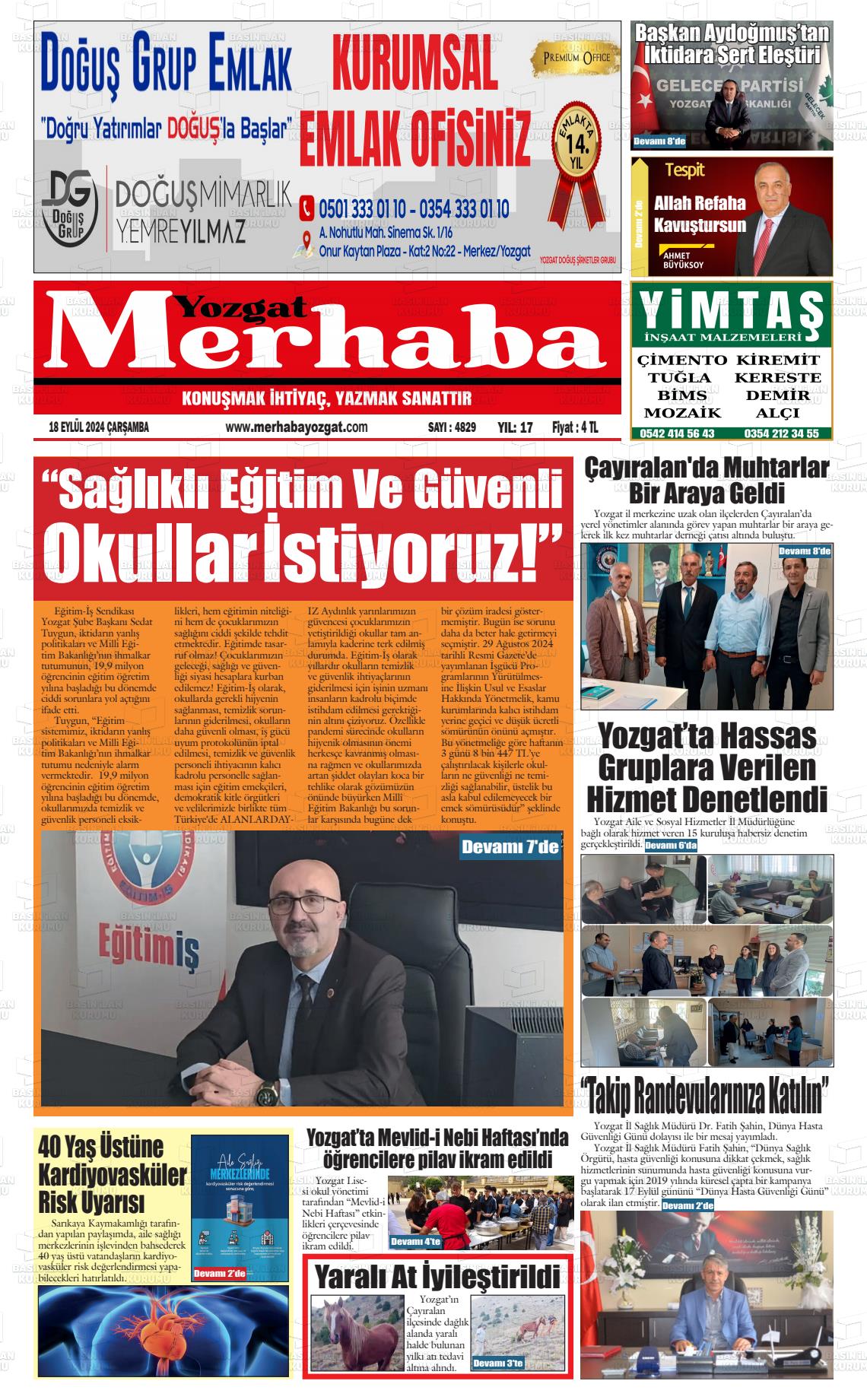 18 Eylül 2024 Merhaba Yozgat Gazete Manşeti