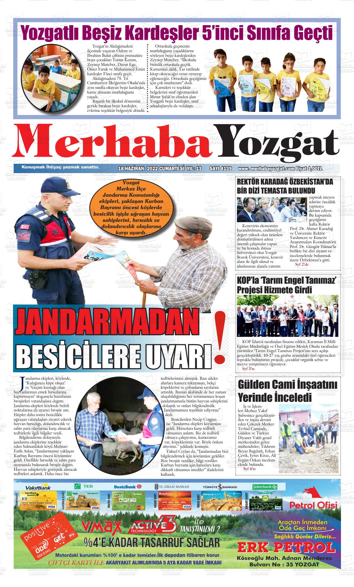 18 Haziran 2022 Merhaba Yozgat Gazete Manşeti