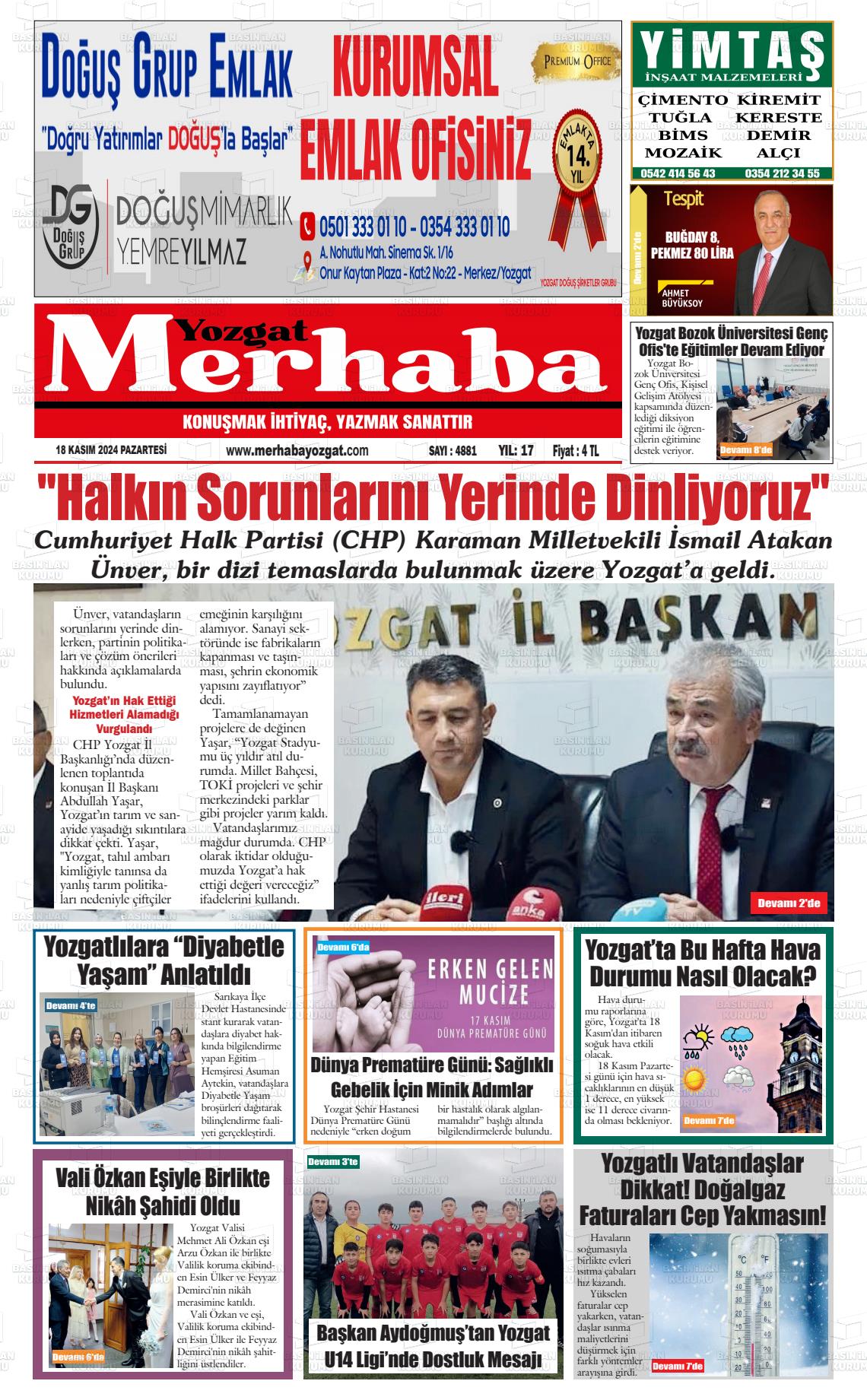 18 Kasım 2024 Merhaba Yozgat Gazete Manşeti