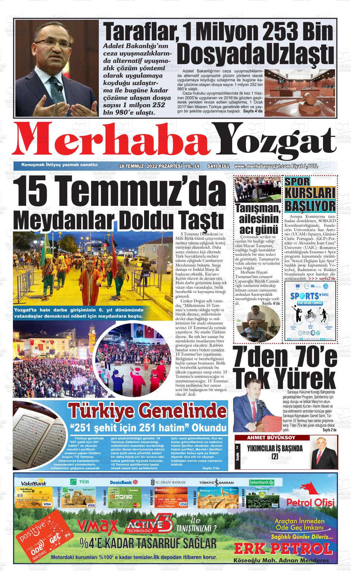 15 Eylül 2022 Merhaba Yozgat Gazete Manşeti