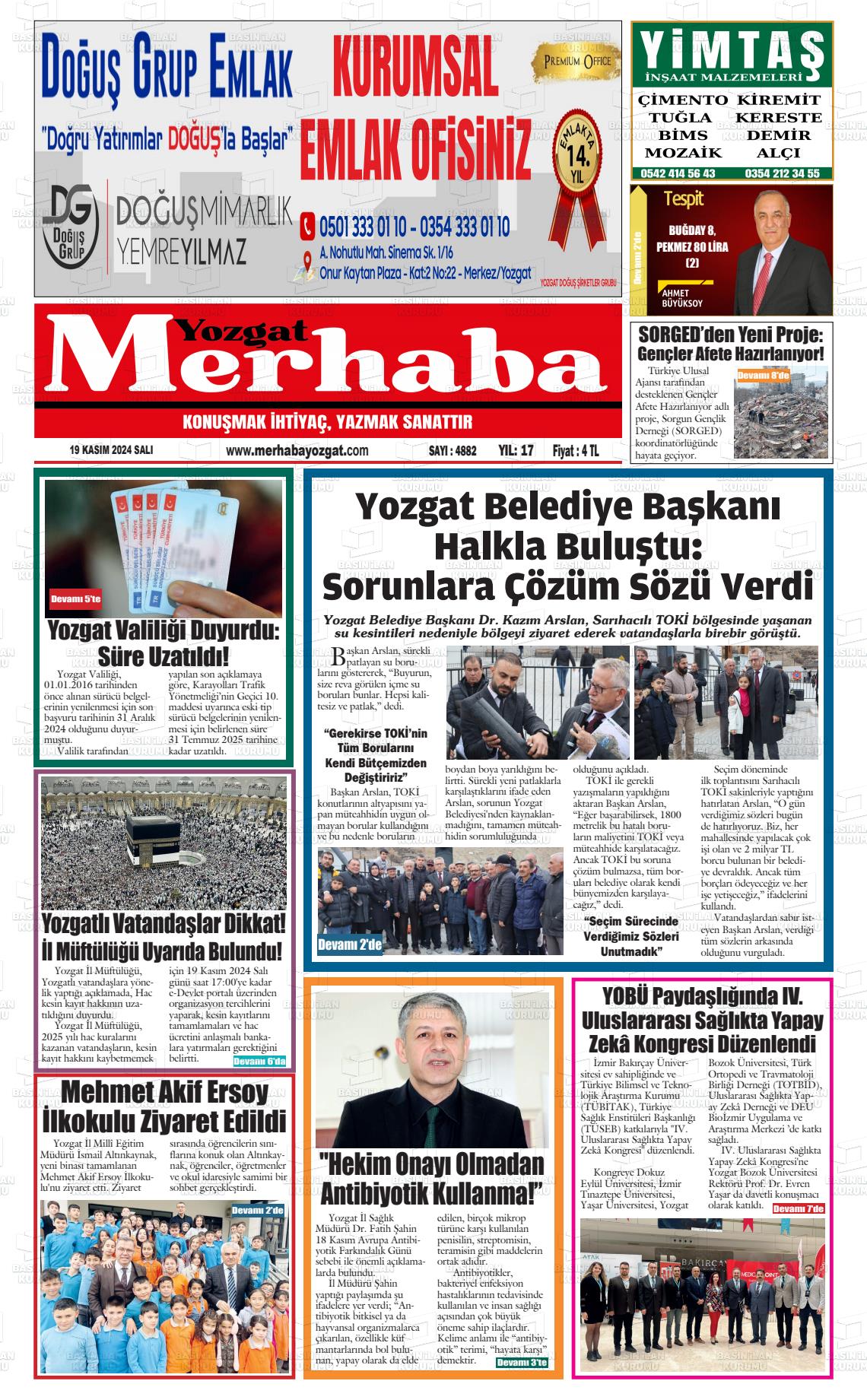 19 Kasım 2024 Merhaba Yozgat Gazete Manşeti