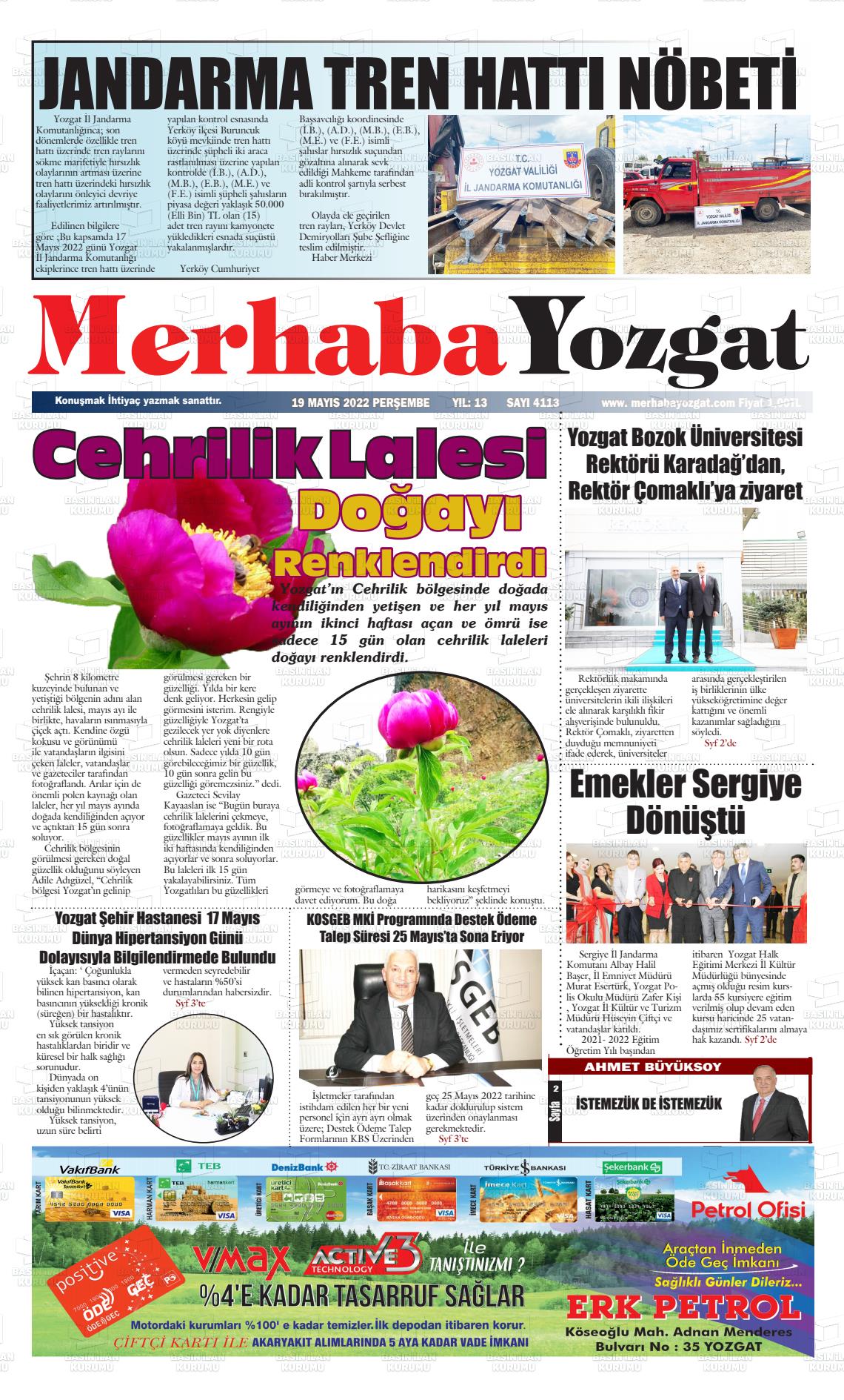 19 Mayıs 2022 Merhaba Yozgat Gazete Manşeti