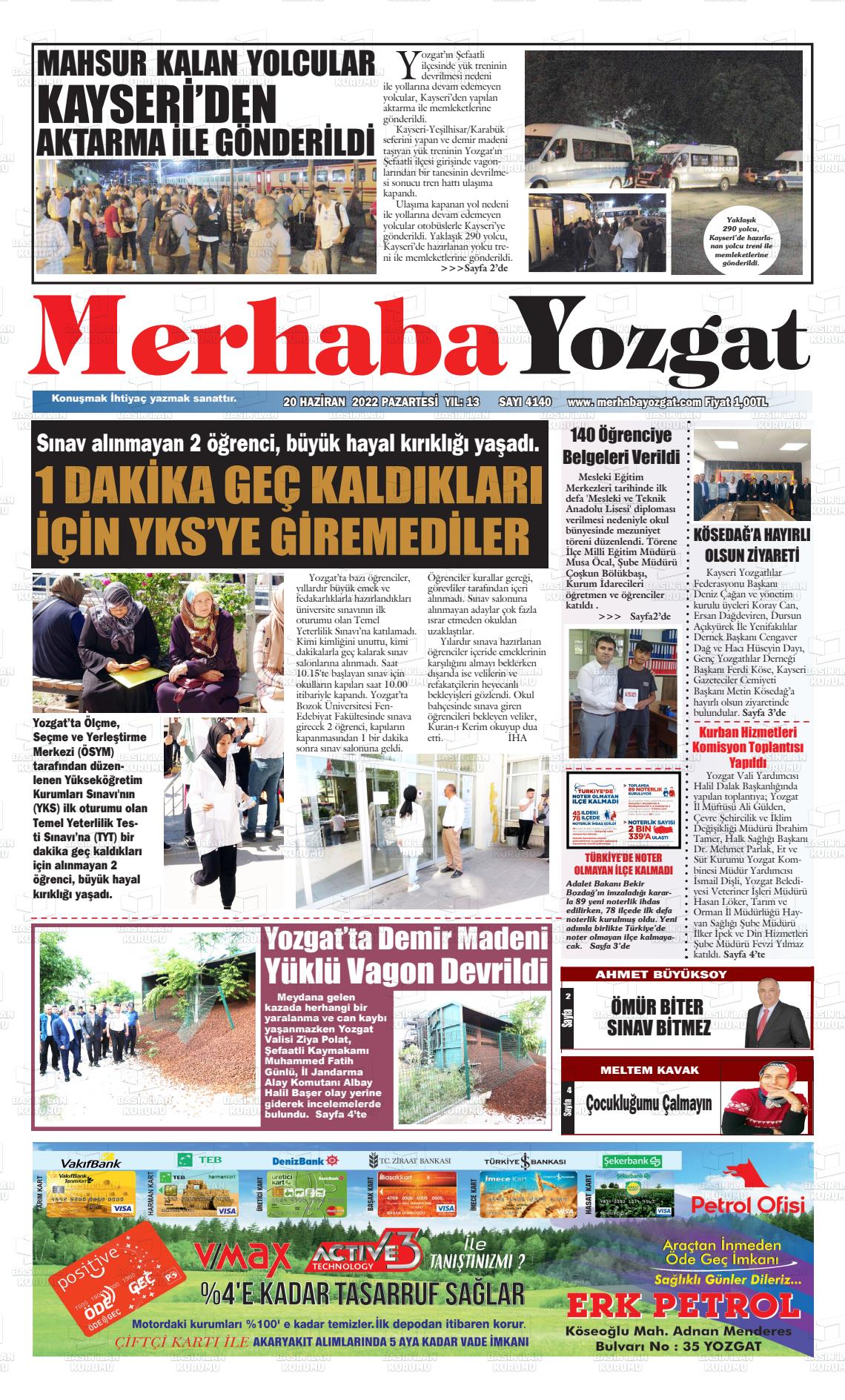 20 Haziran 2022 Merhaba Yozgat Gazete Manşeti