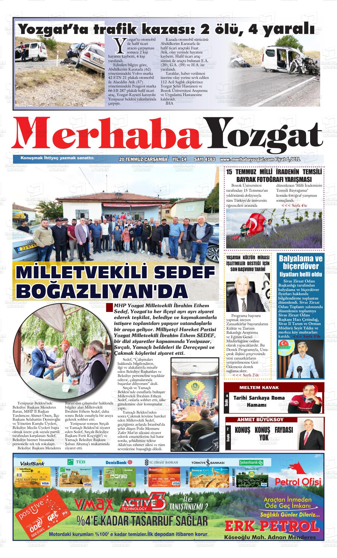 20 Temmuz 2022 Merhaba Yozgat Gazete Manşeti