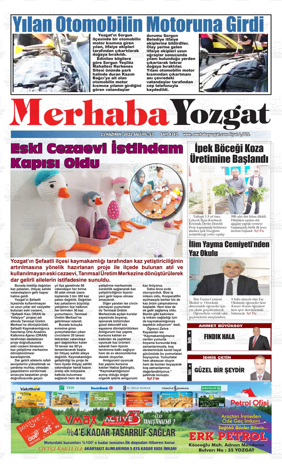 21 Haziran 2022 Merhaba Yozgat Gazete Manşeti