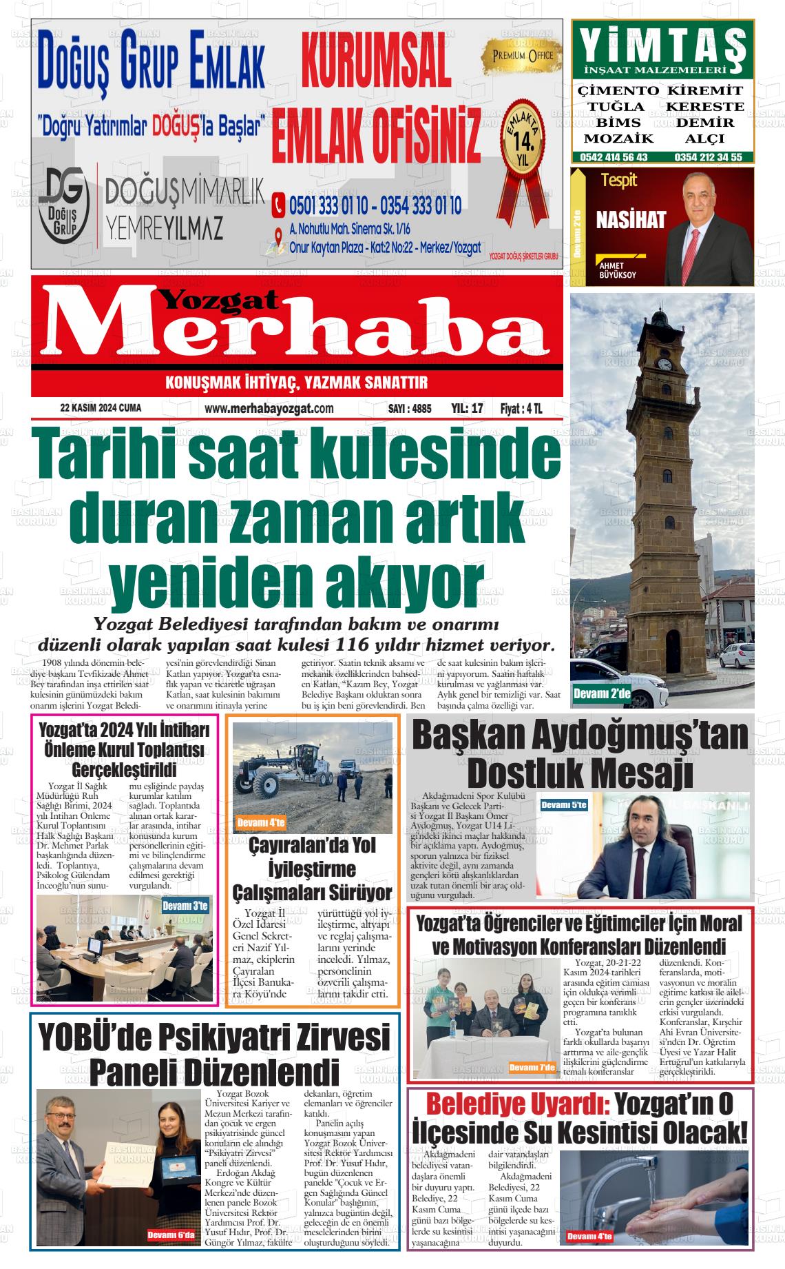 22 Kasım 2024 Merhaba Yozgat Gazete Manşeti