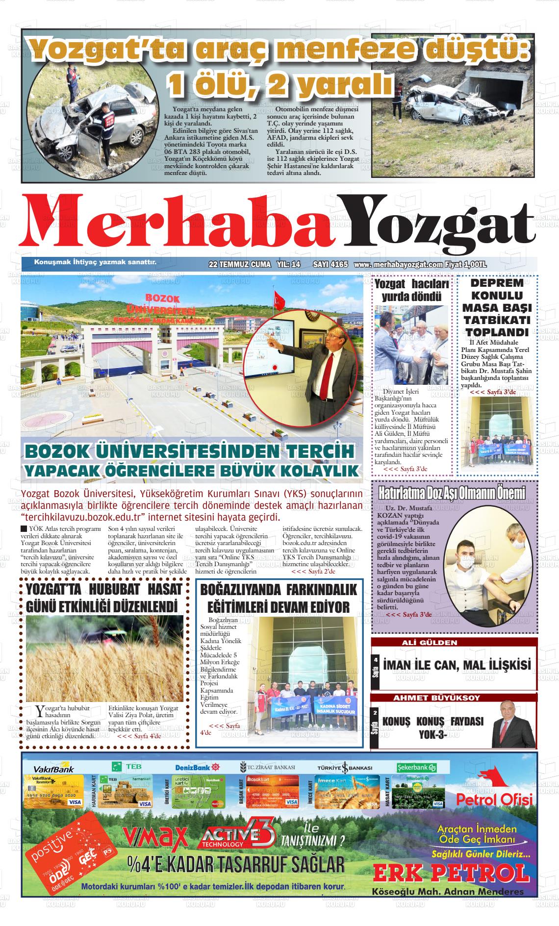 22 Temmuz 2022 Merhaba Yozgat Gazete Manşeti