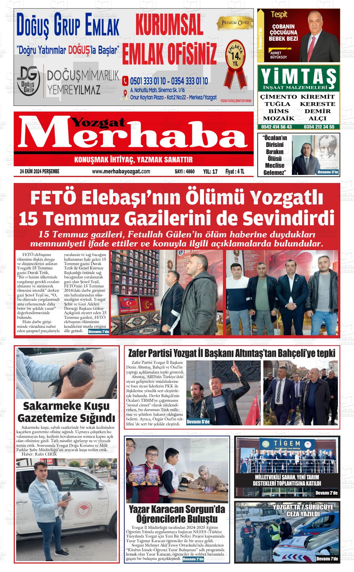 24 Ekim 2024 Merhaba Yozgat Gazete Manşeti