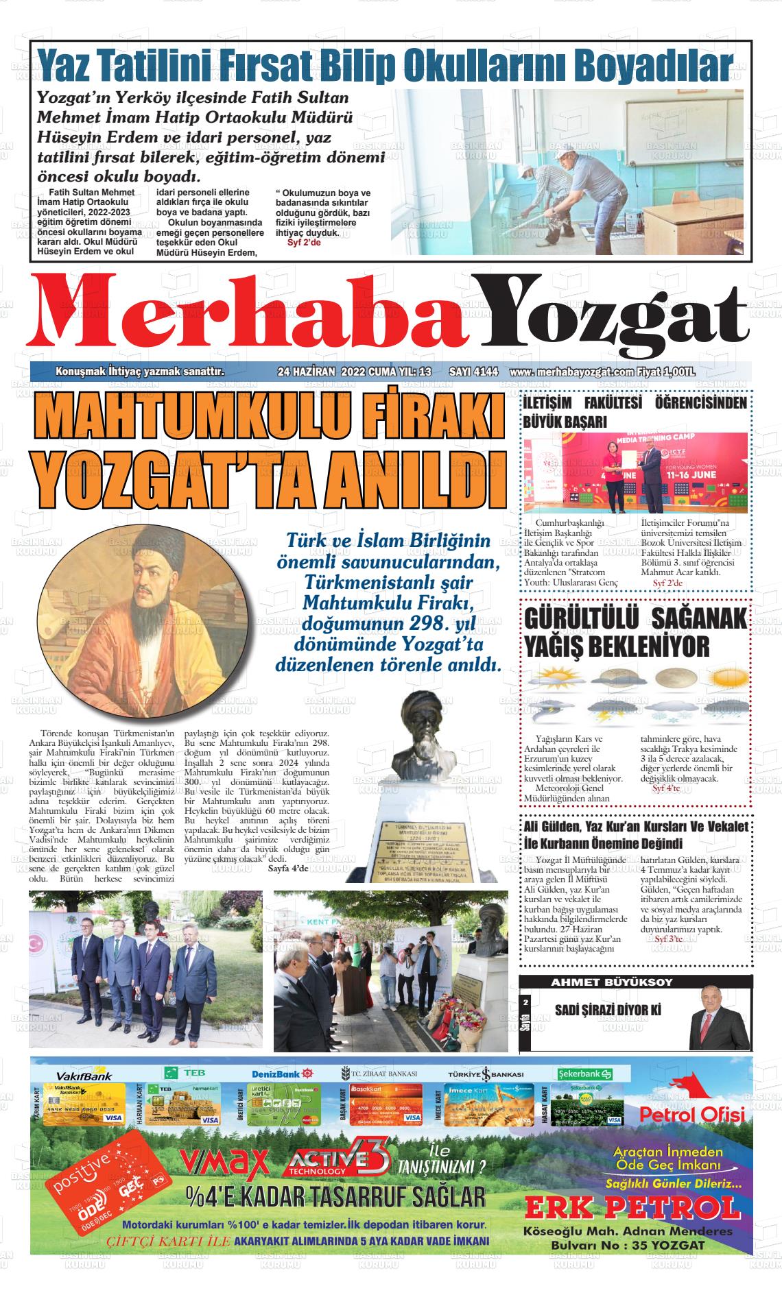 22 Ağustos 2022 Merhaba Yozgat Gazete Manşeti