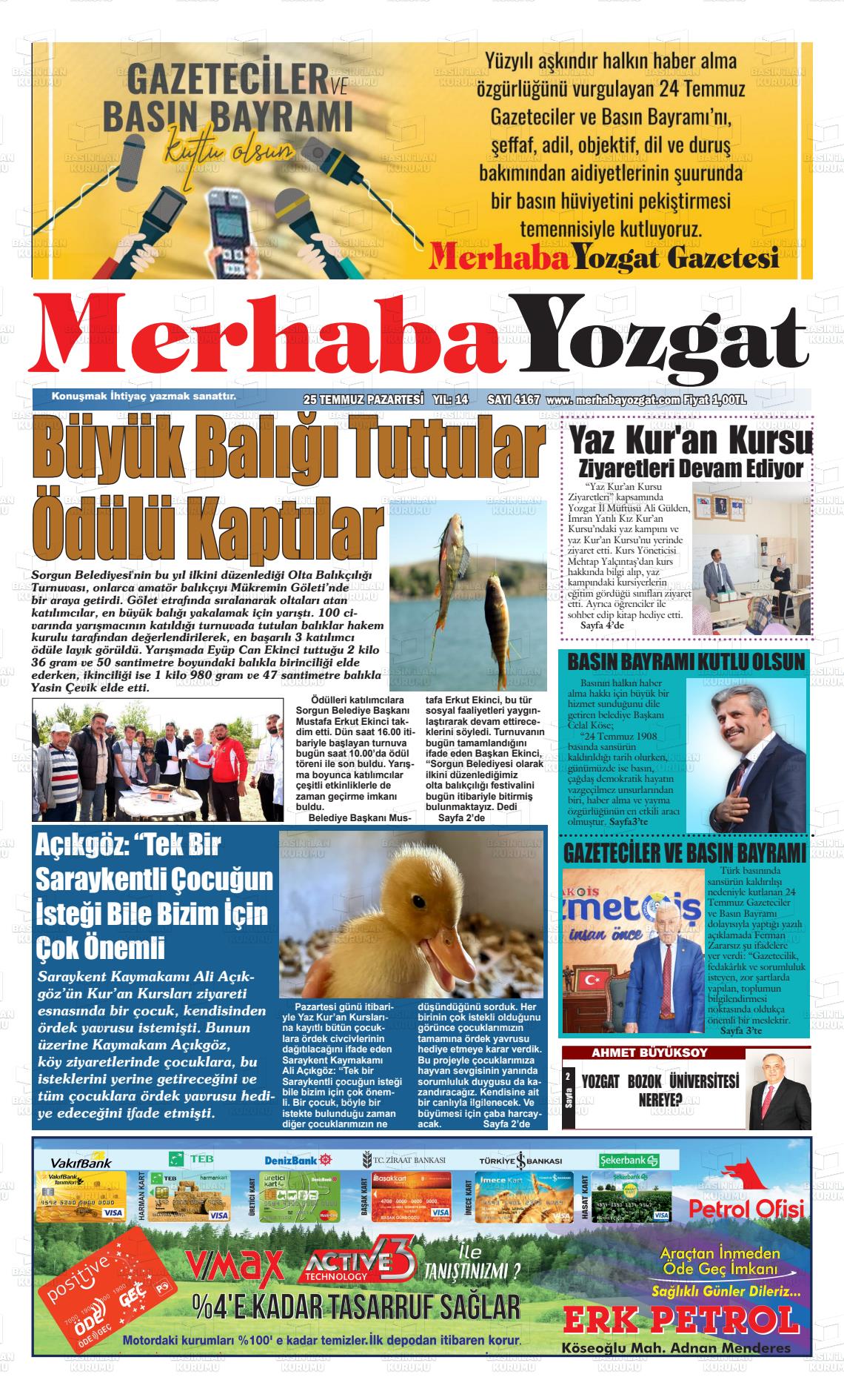 25 Temmuz 2022 Merhaba Yozgat Gazete Manşeti