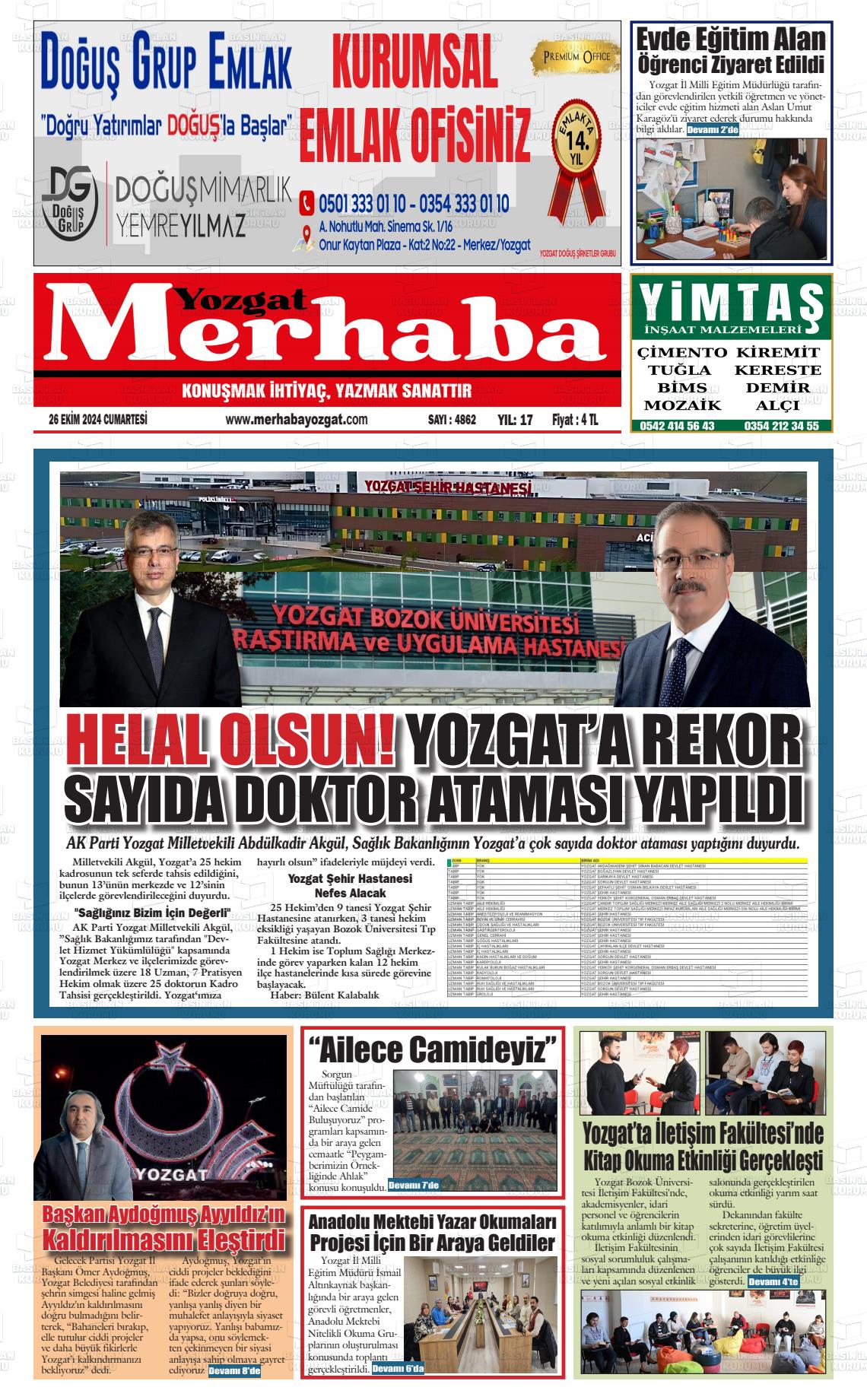 26 Ekim 2024 Merhaba Yozgat Gazete Manşeti