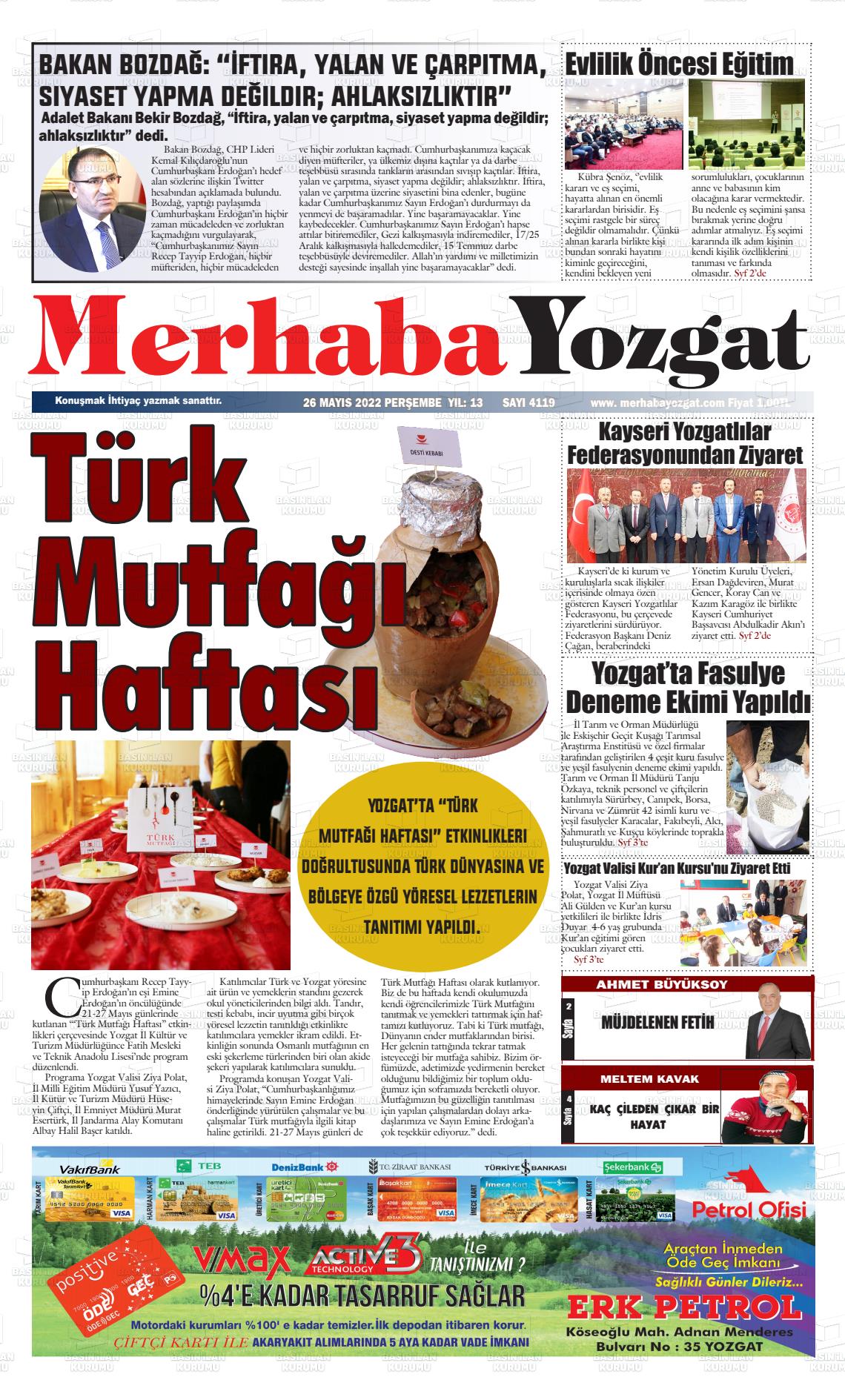 26 Mayıs 2022 Merhaba Yozgat Gazete Manşeti