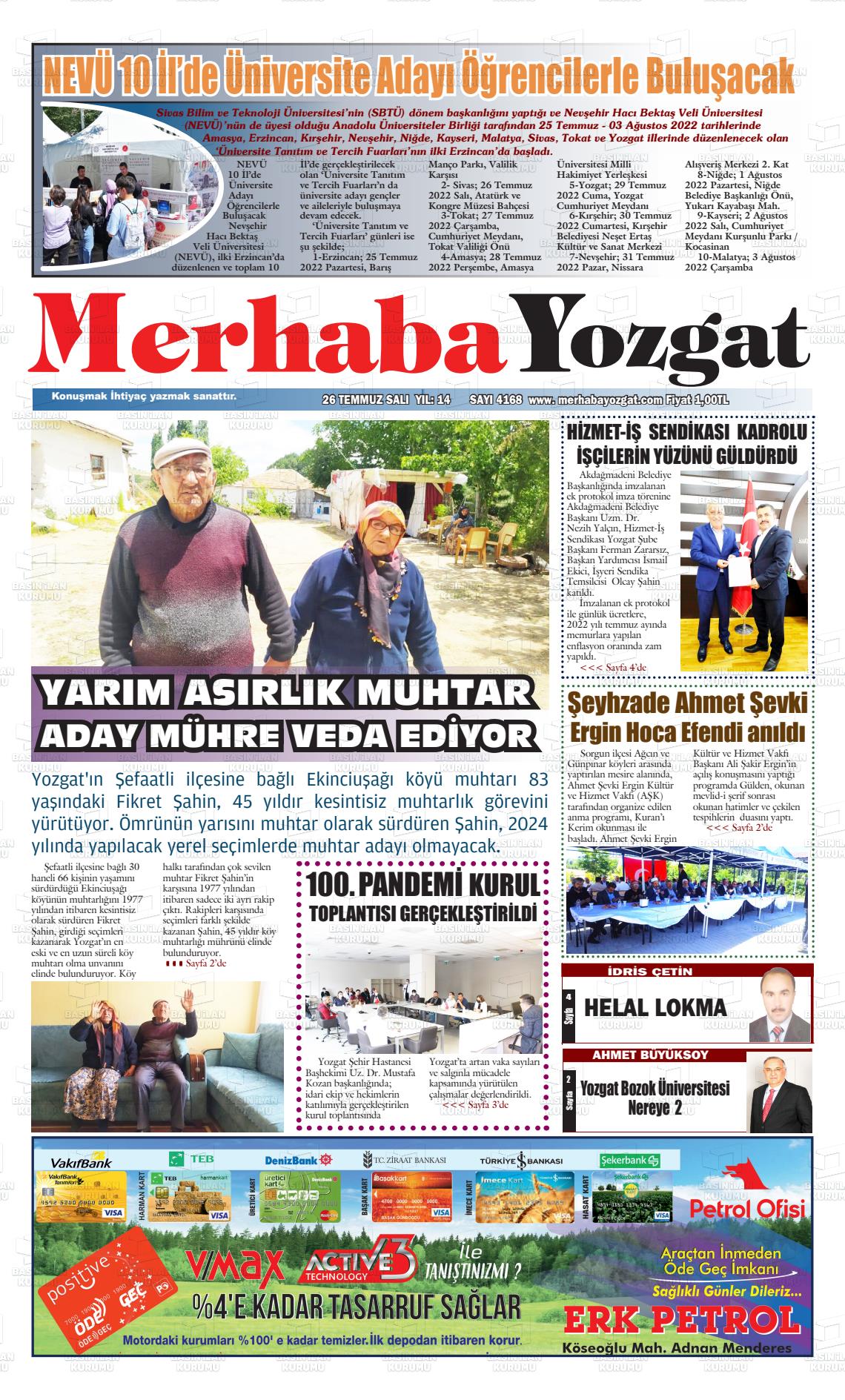 26 Temmuz 2022 Merhaba Yozgat Gazete Manşeti