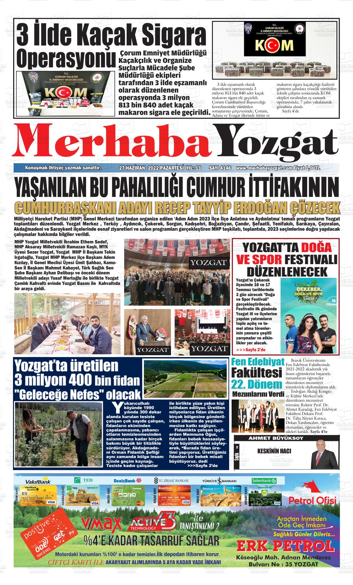 27 Haziran 2022 Merhaba Yozgat Gazete Manşeti