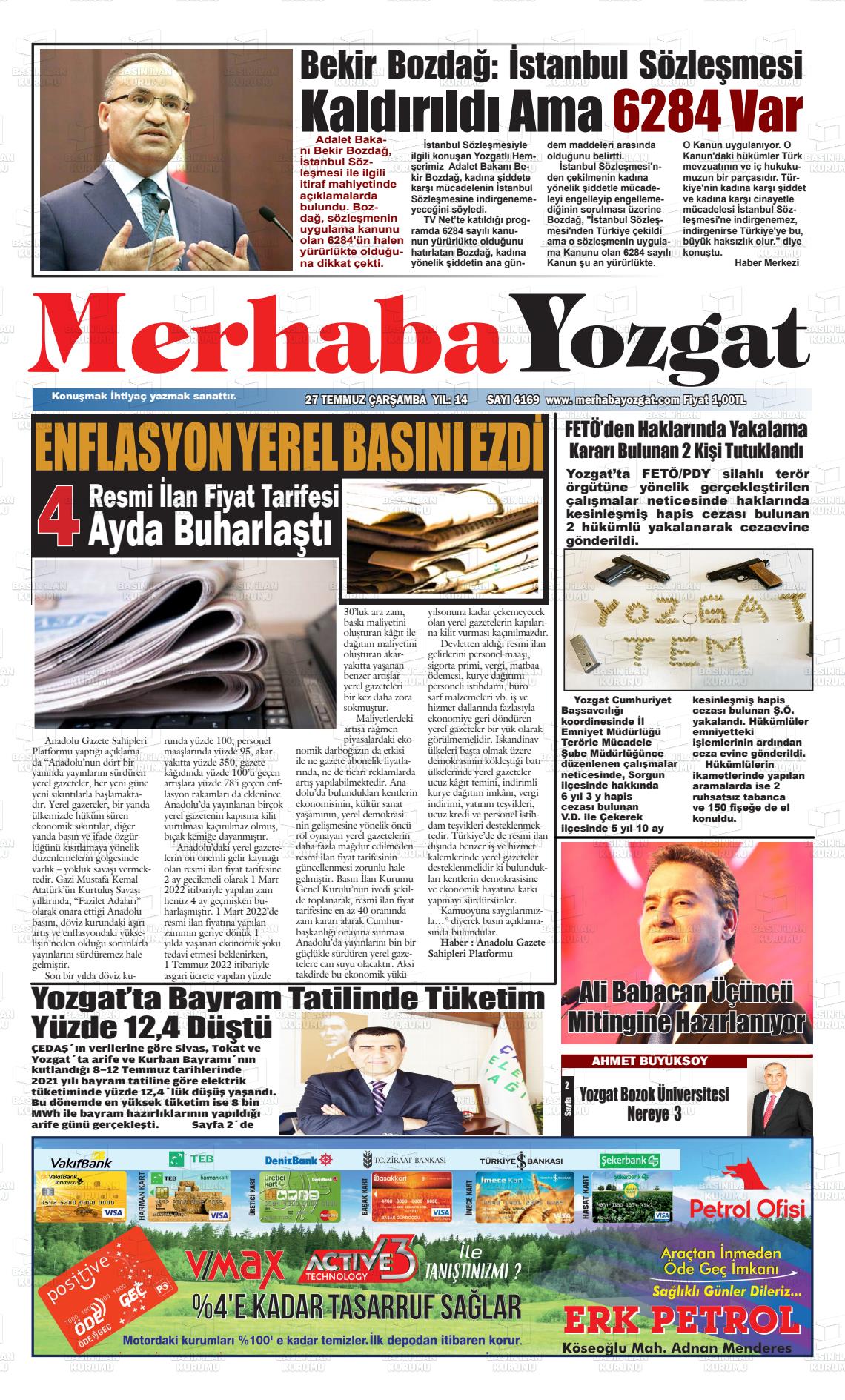 27 Temmuz 2022 Merhaba Yozgat Gazete Manşeti