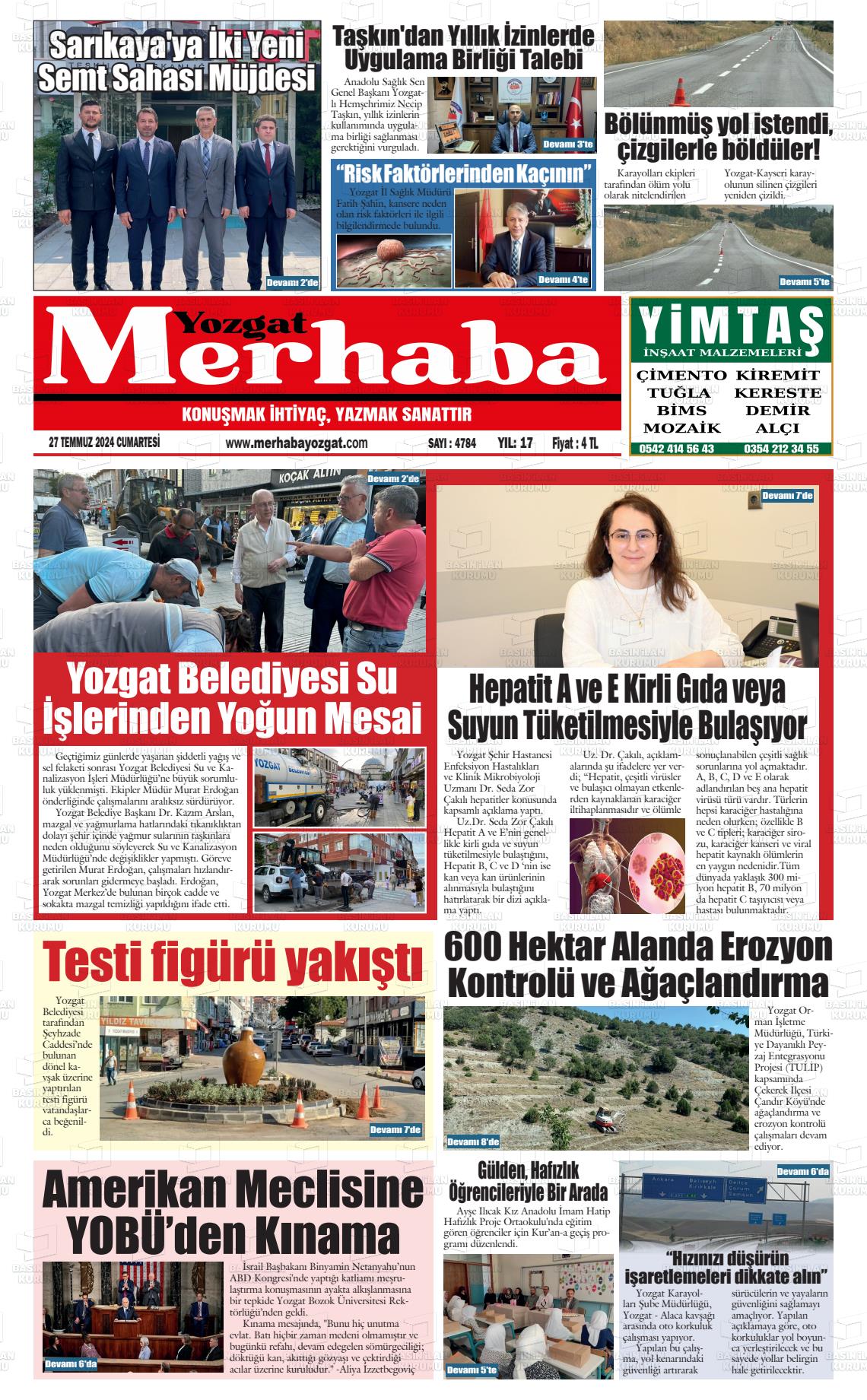 27 Temmuz 2024 Merhaba Yozgat Gazete Manşeti