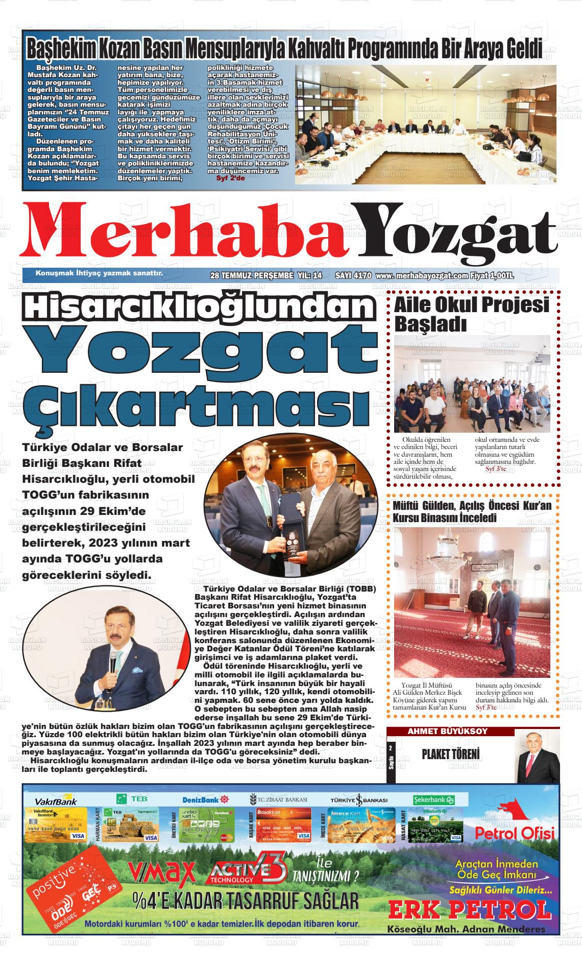 28 Temmuz 2022 Merhaba Yozgat Gazete Manşeti