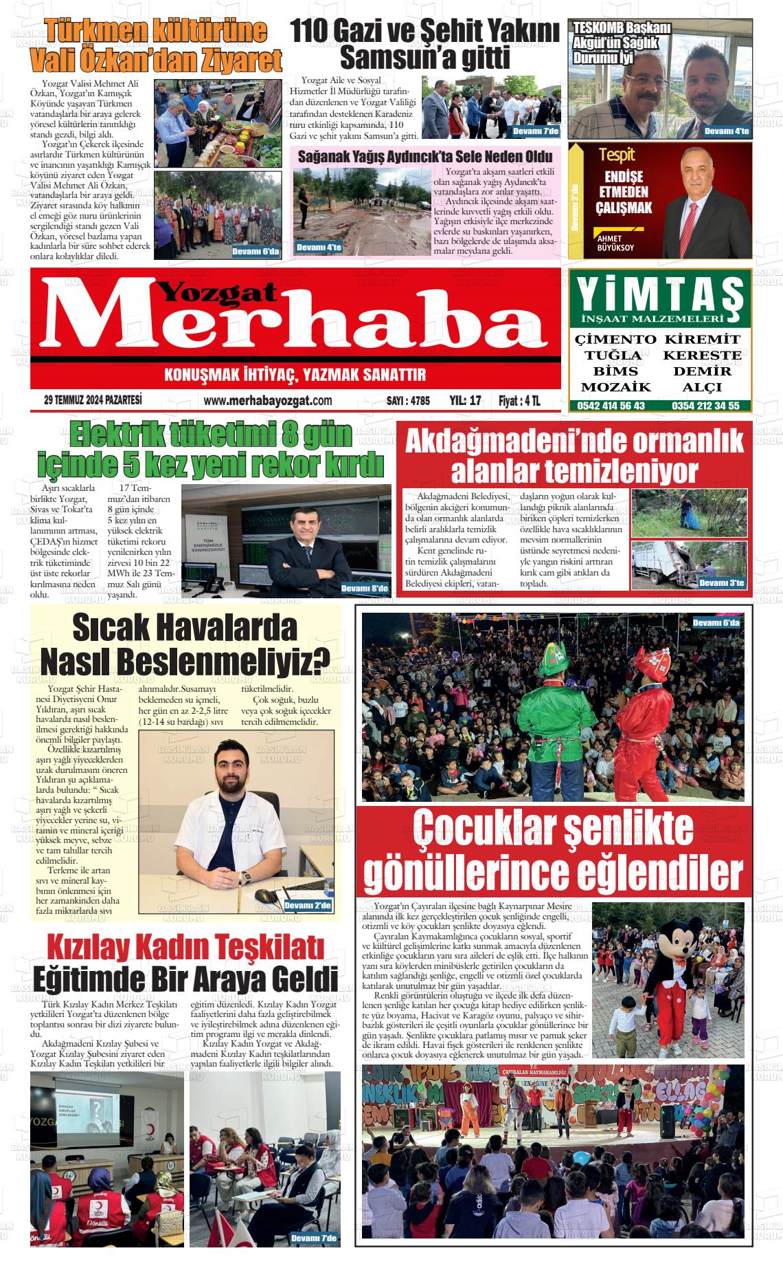 29 Temmuz 2024 Merhaba Yozgat Gazete Manşeti