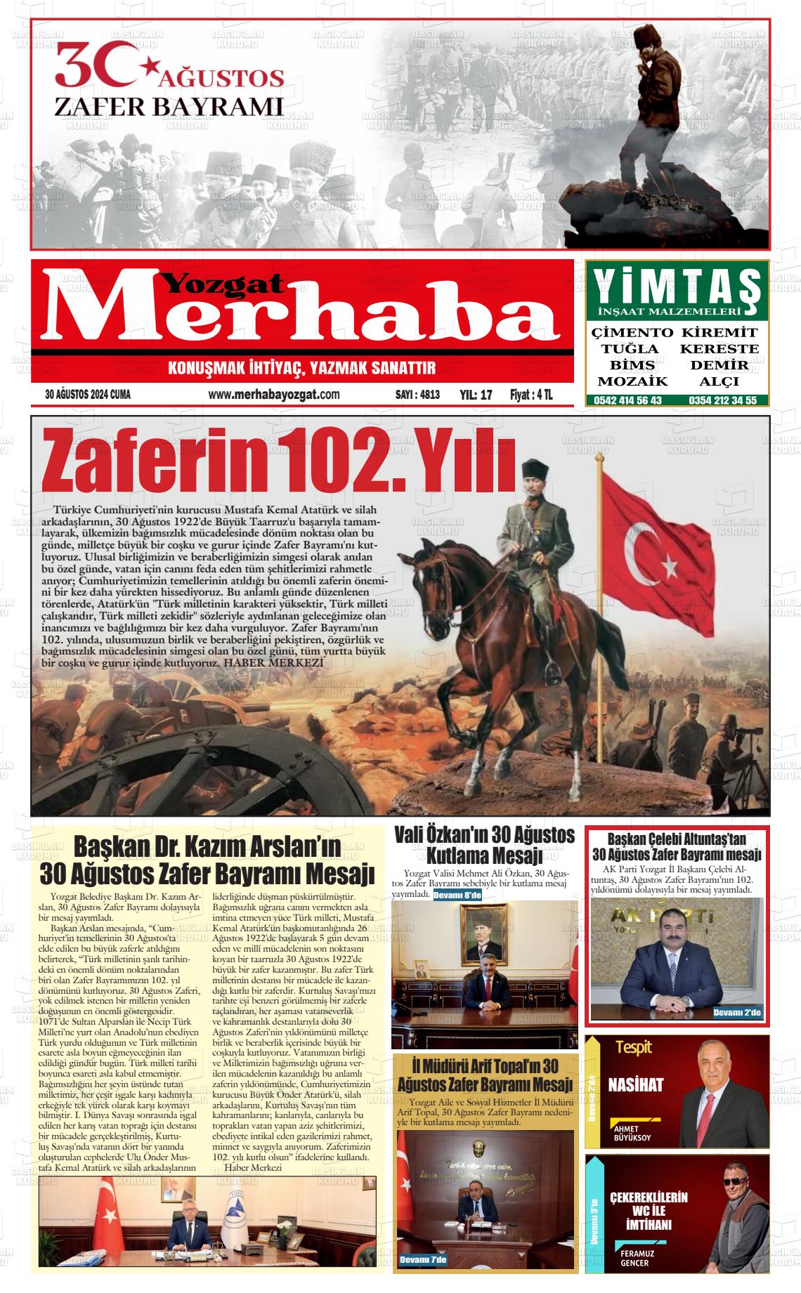 30 Ağustos 2024 Merhaba Yozgat Gazete Manşeti