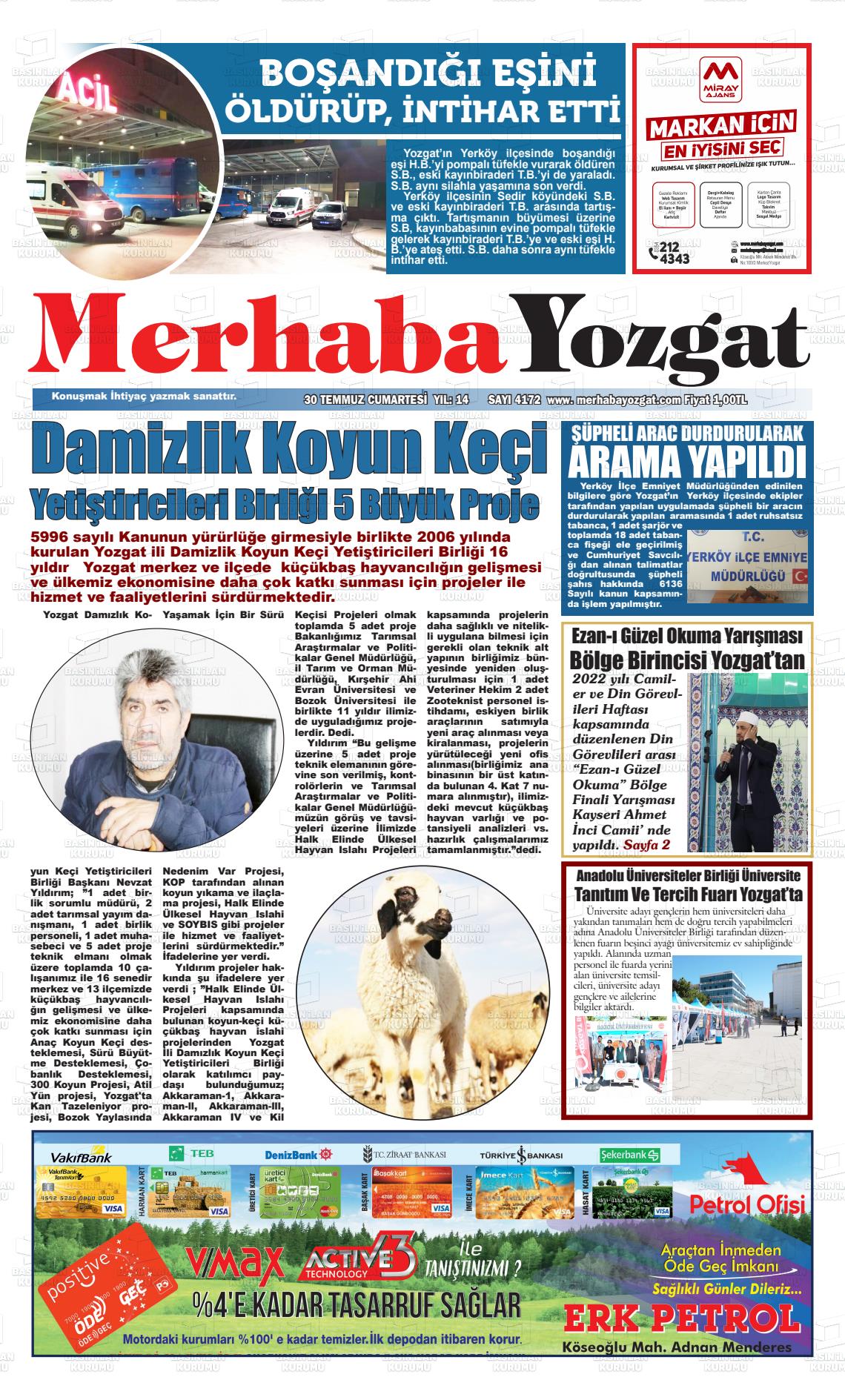 30 Temmuz 2022 Merhaba Yozgat Gazete Manşeti