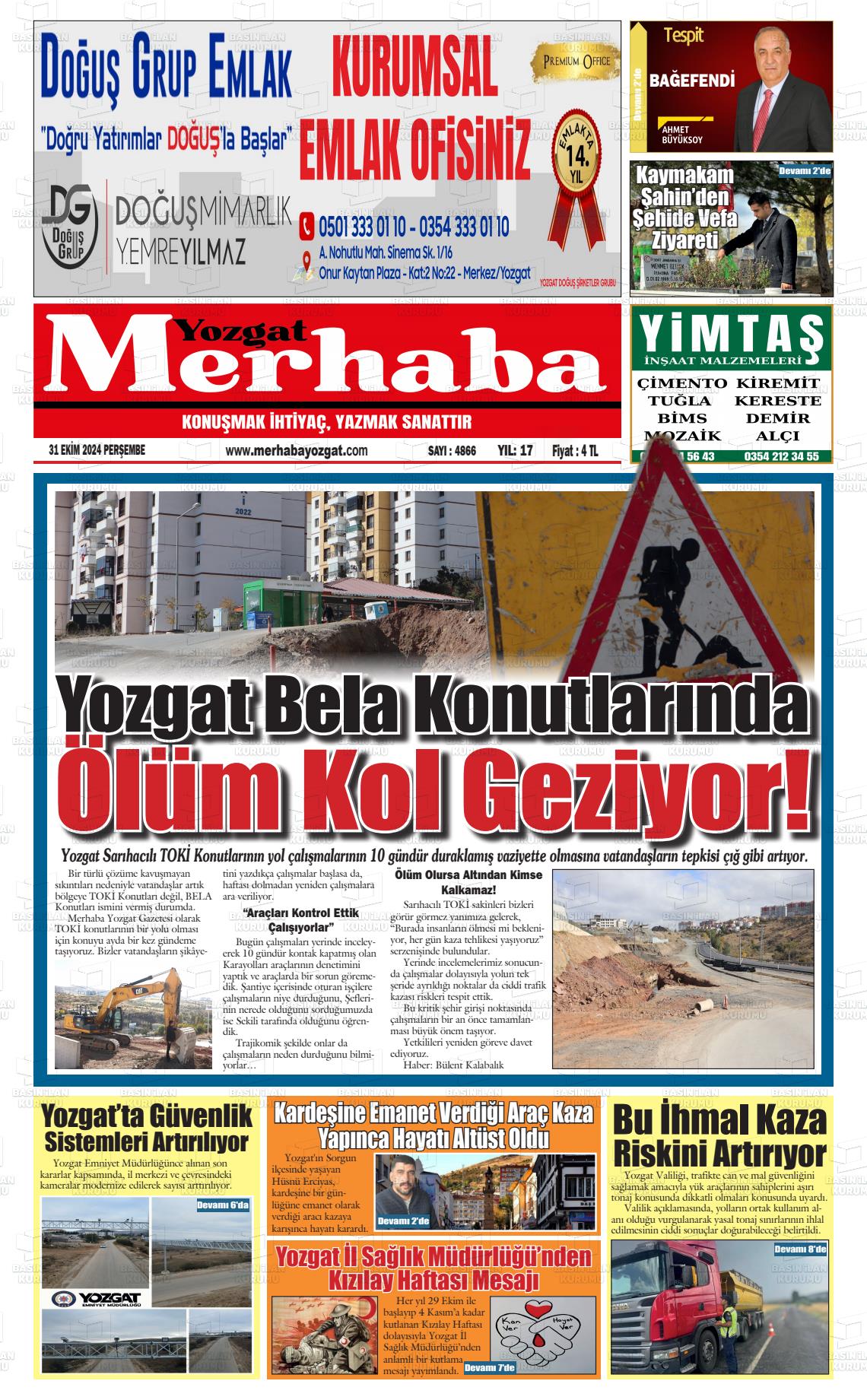 31 Ekim 2024 Merhaba Yozgat Gazete Manşeti